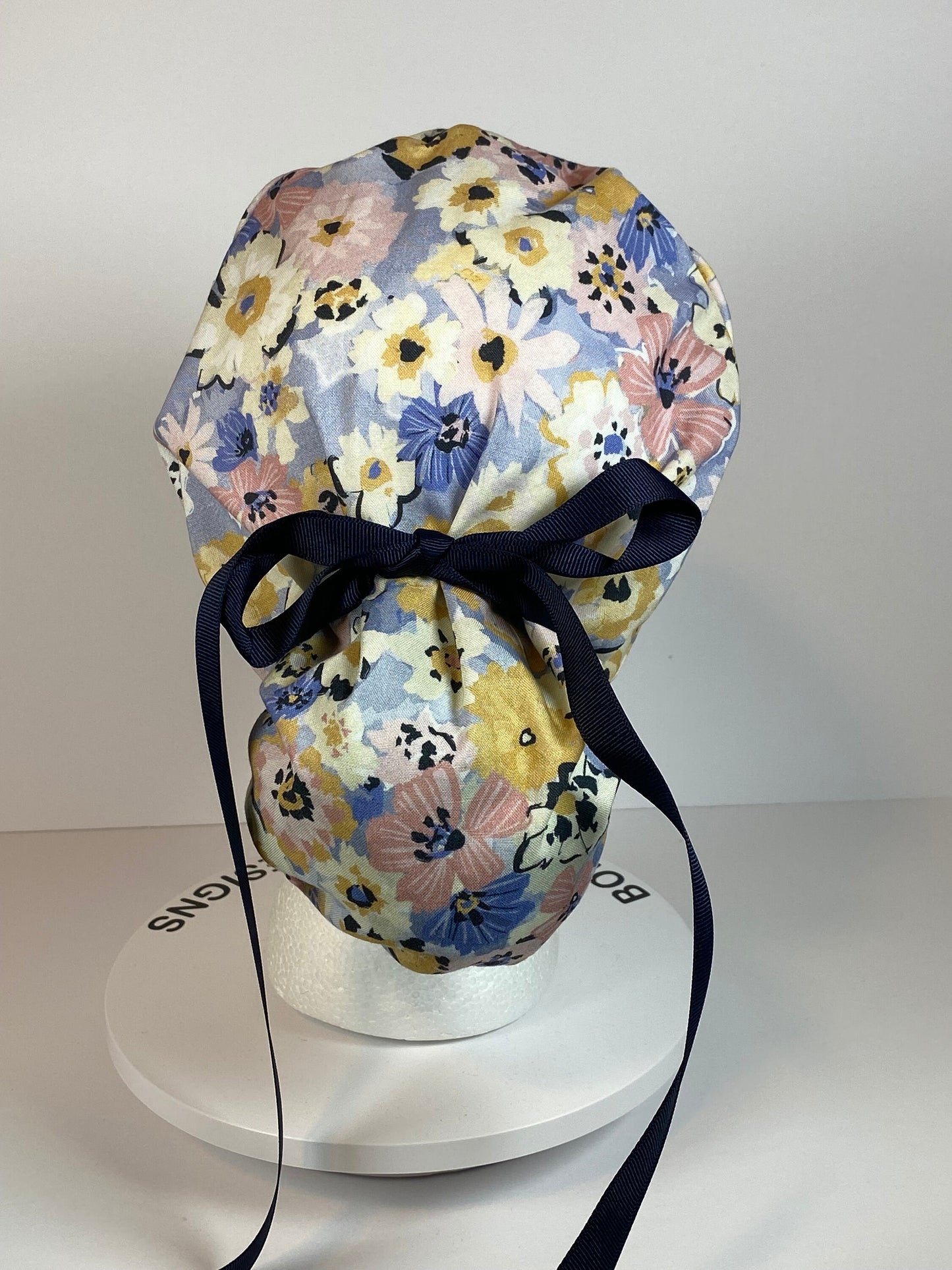 Navy pink purple floral scrub cap, purple floral women’s scrub cap, Bonnet Head Designs