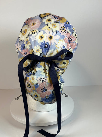 Navy pink purple floral scrub cap, purple floral women’s scrub cap, Bonnet Head Designs