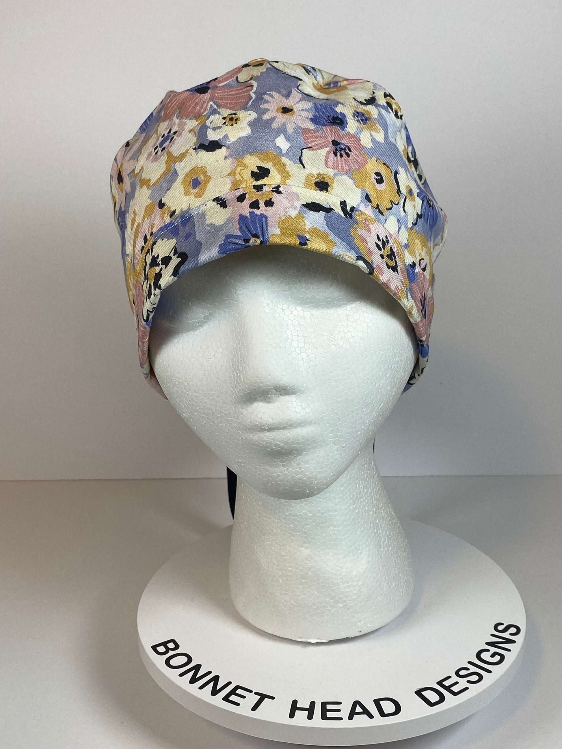 Navy pink purple floral scrub cap, purple floral women’s scrub cap, Bonnet Head Designs