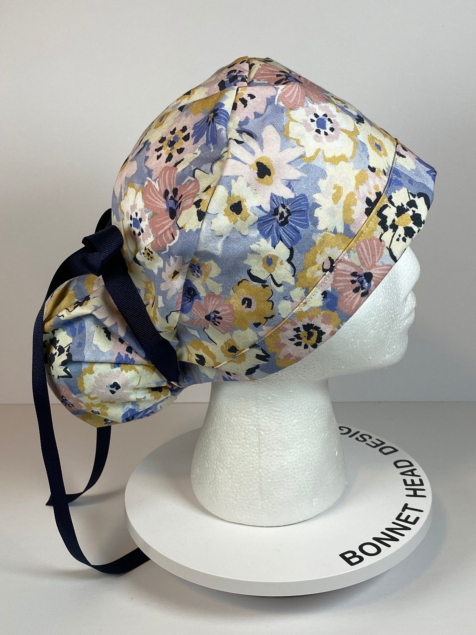 Navy pink purple floral scrub cap, purple floral women’s scrub cap, Bonnet Head Designs