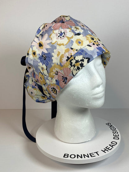 Navy pink purple floral scrub cap, purple floral women’s scrub cap, Bonnet Head Designs