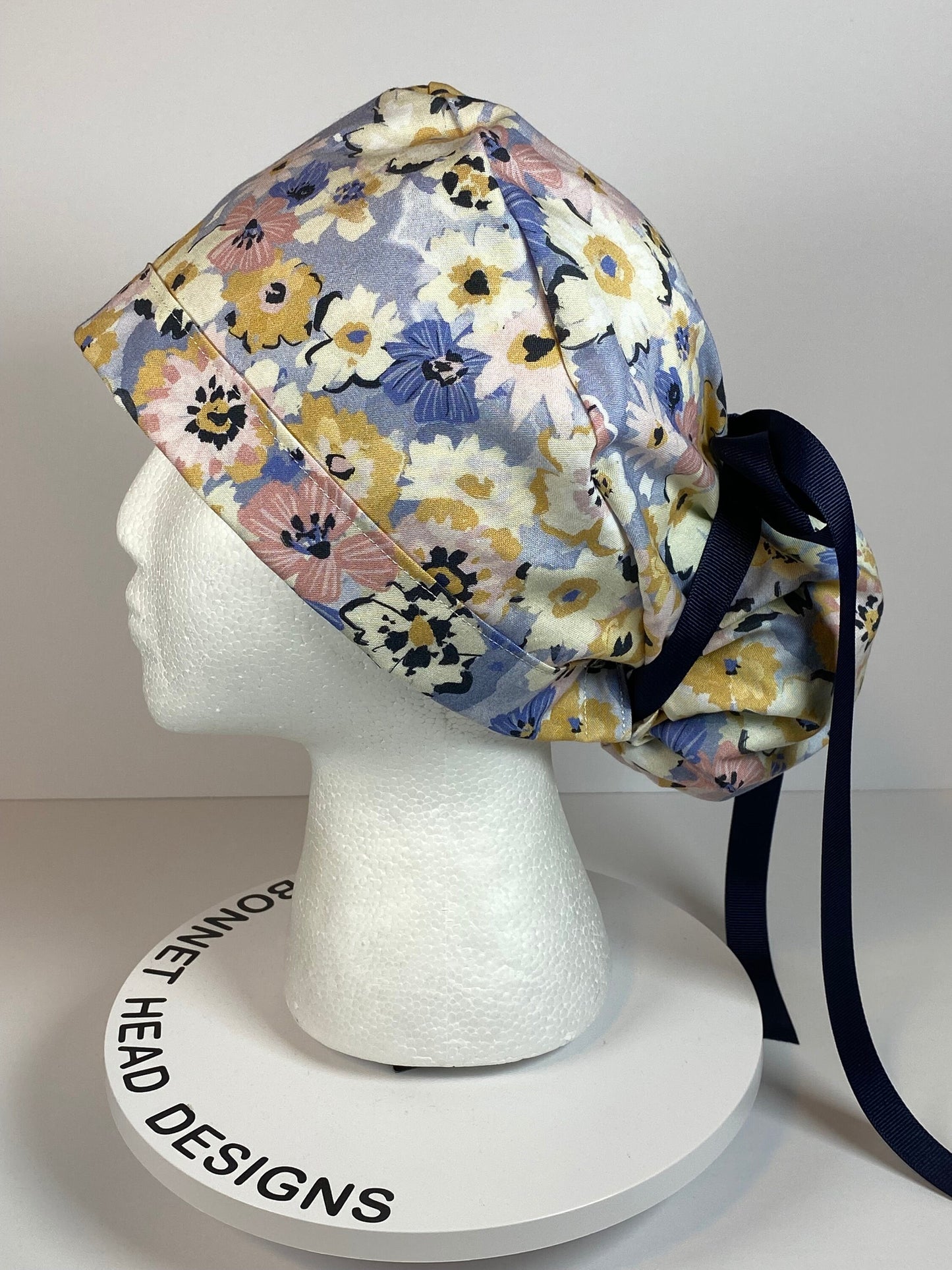 Navy pink purple floral scrub cap, purple floral women’s scrub cap, Bonnet Head Designs