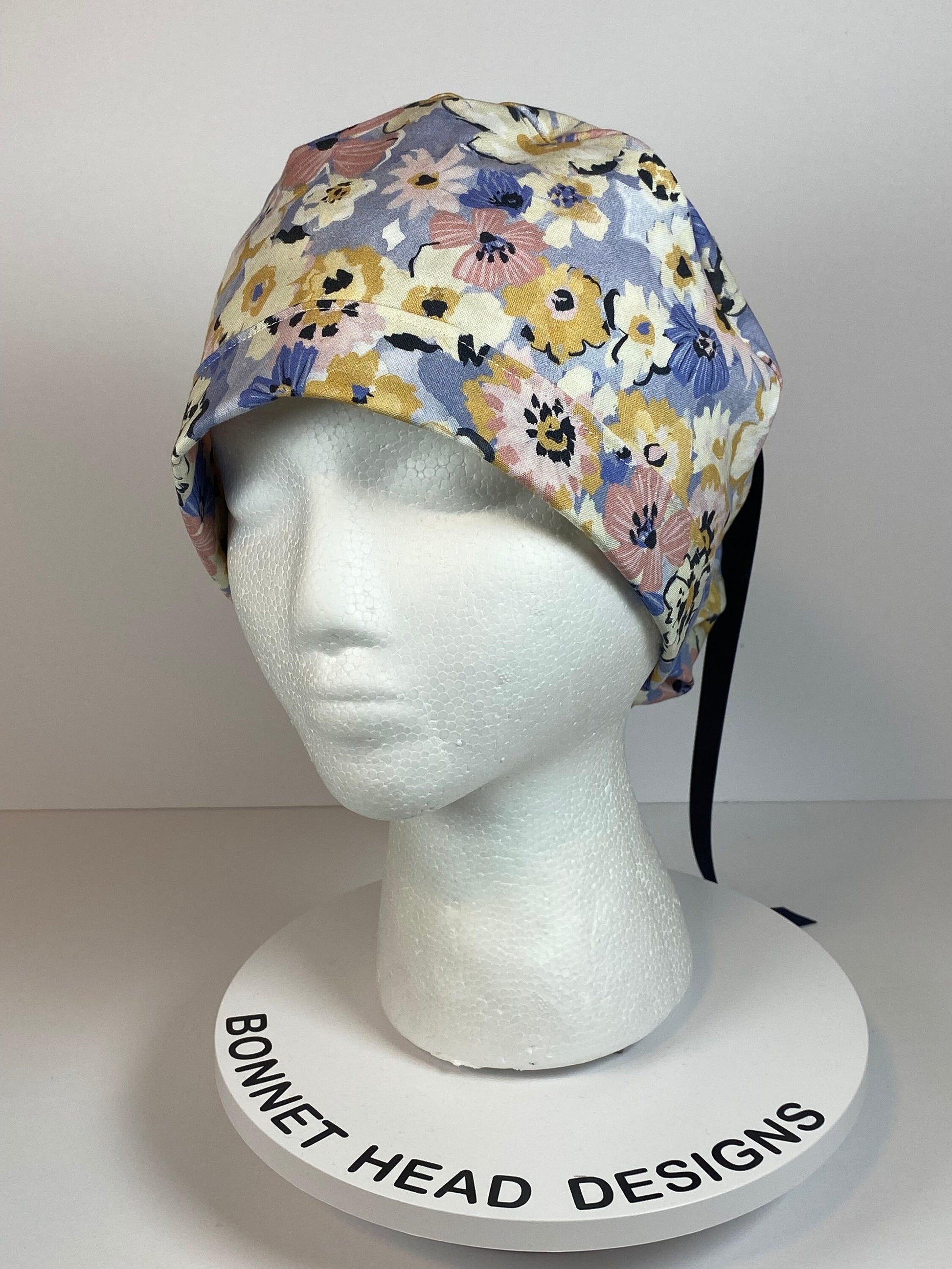 Navy pink purple floral scrub cap, purple floral women’s scrub cap, Bonnet Head Designs