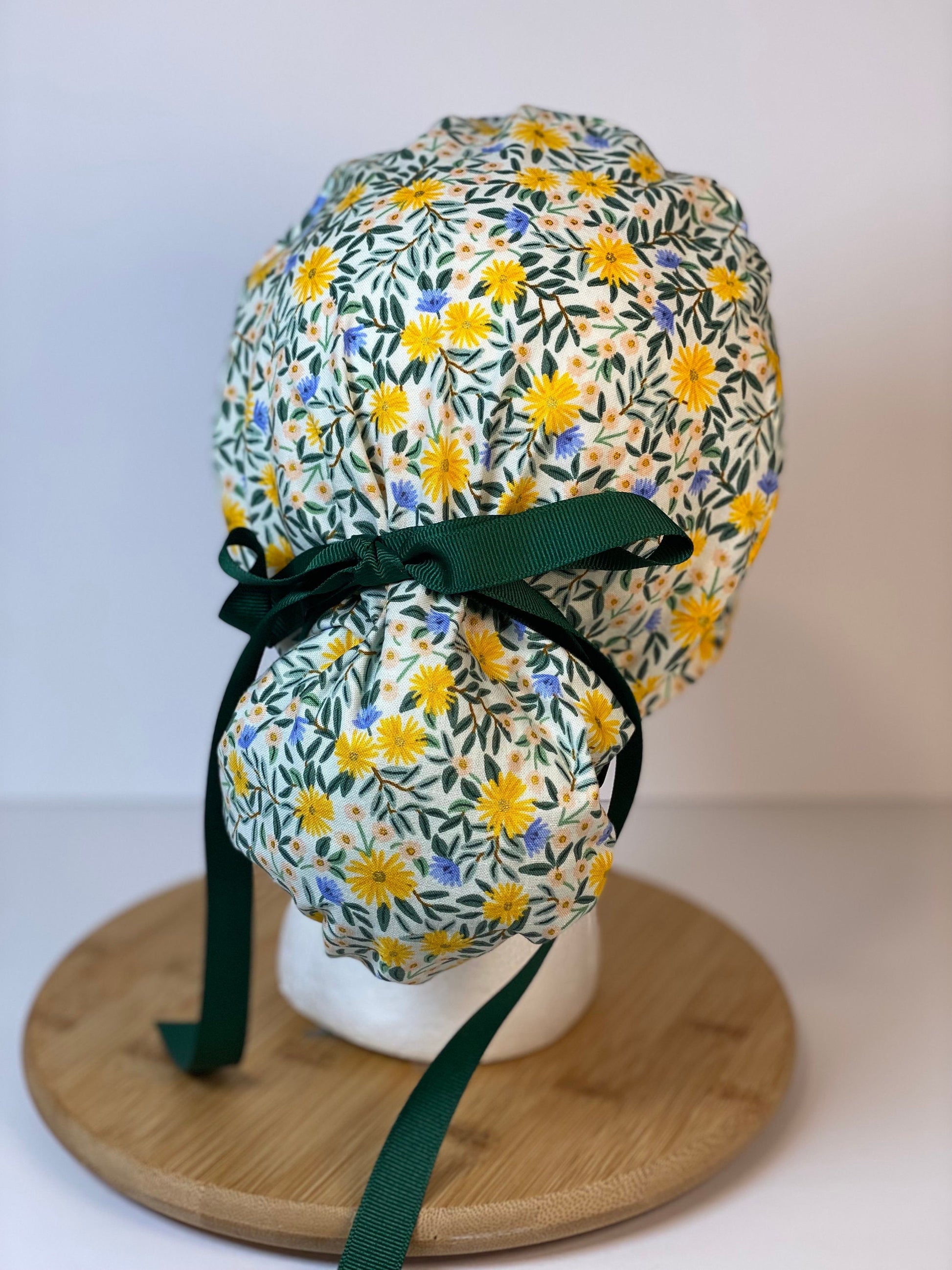 Rifle Paper Co fabric Daisy fields fabric scrub cap, yellow floral ponytail womens scrub cap