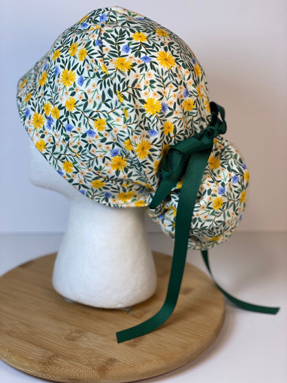 Rifle Paper Co fabric Daisy fields fabric scrub cap, yellow floral ponytail womens scrub cap