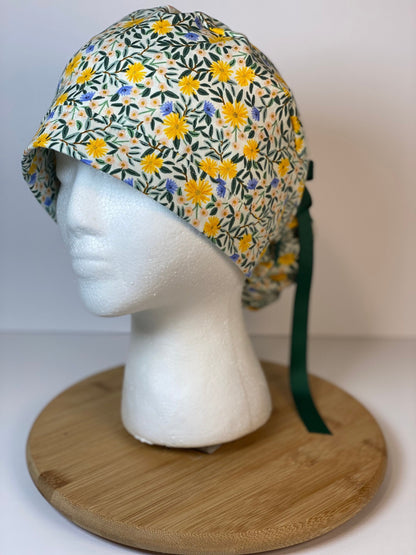 Rifle Paper Co fabric Daisy fields fabric scrub cap, yellow floral ponytail womens scrub cap