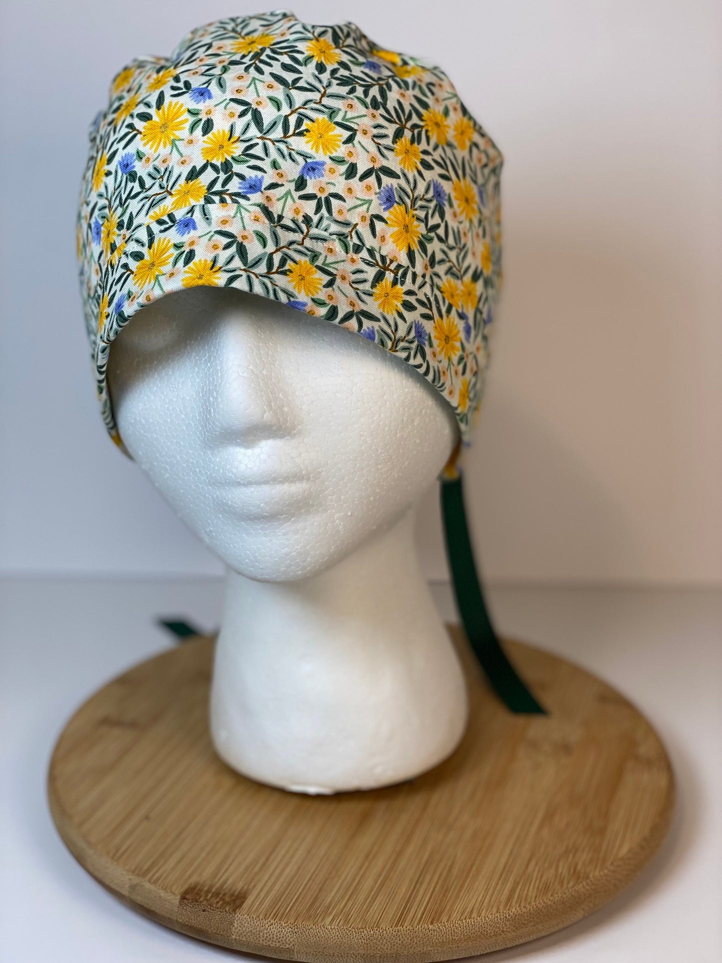 Rifle Paper Co fabric Daisy fields fabric scrub cap, yellow floral ponytail womens scrub cap