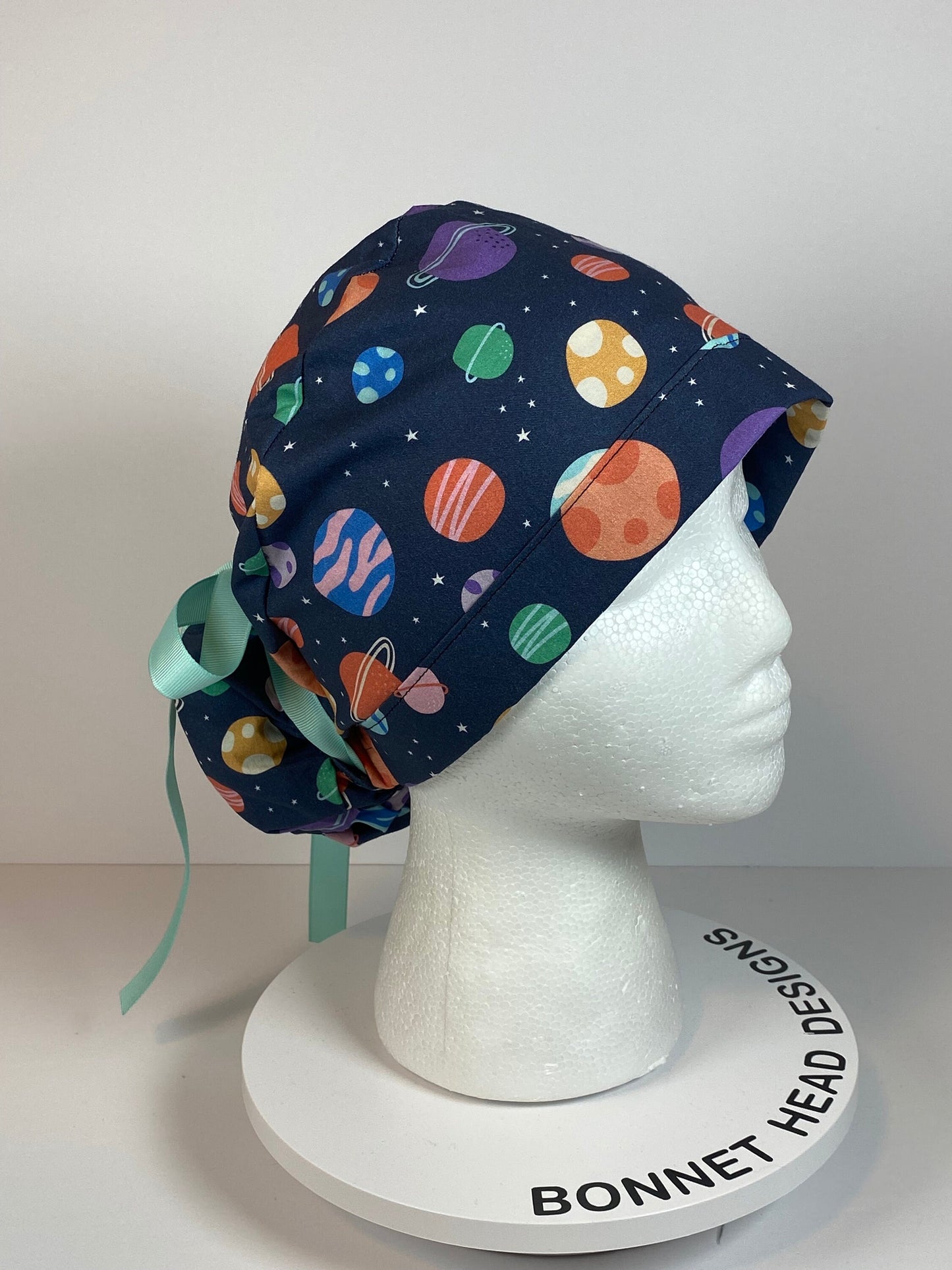 Space print women’s scrub cap, outer space planets ponytail scrub hat