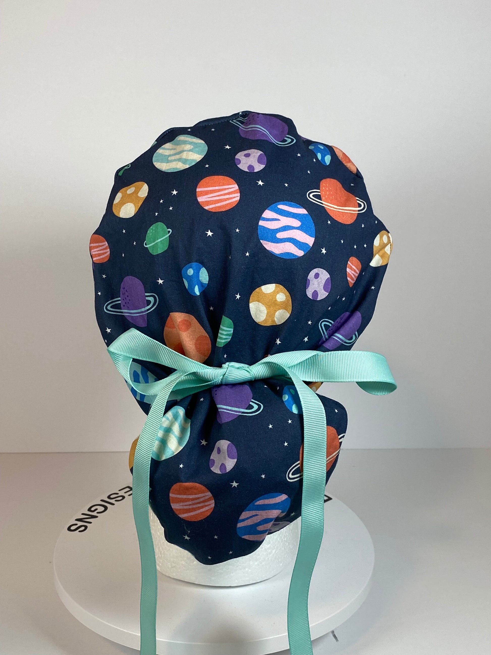 Space print women’s scrub cap, outer space planets ponytail scrub hat