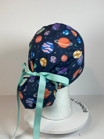 Space print women’s scrub cap, outer space planets ponytail scrub hat