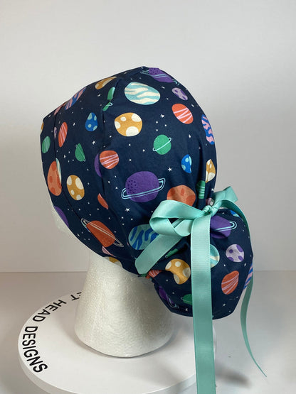 Space print women’s scrub cap, outer space planets ponytail scrub hat