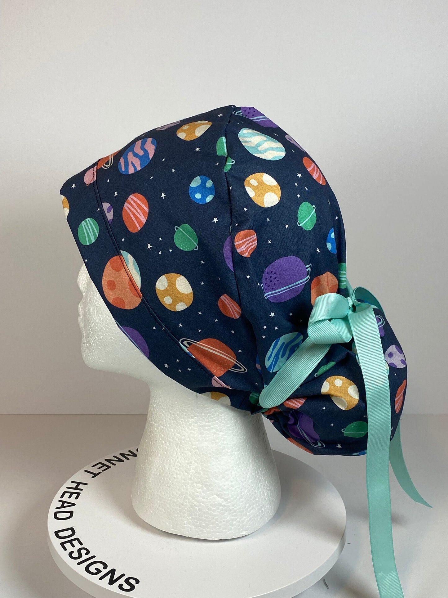 Space print women’s scrub cap, outer space planets ponytail scrub hat