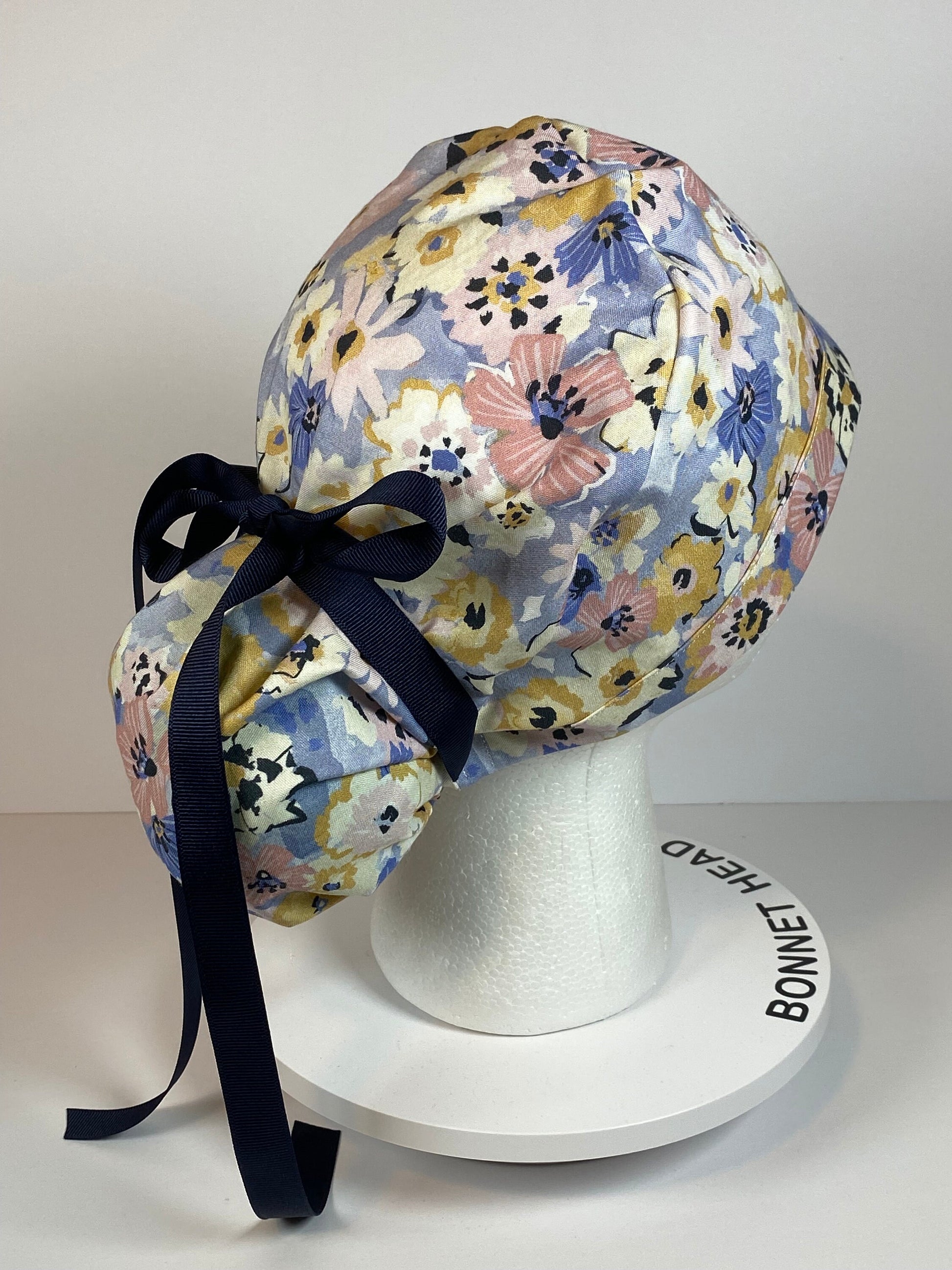 Navy pink purple floral scrub cap, purple floral women’s scrub cap, Bonnet Head Designs