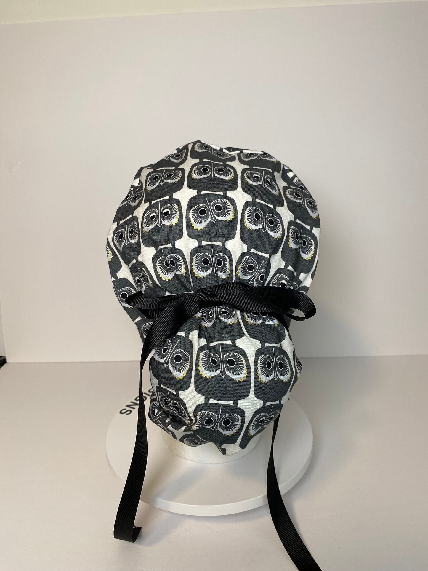 Curious Gray Owl women’s ponytail scrub cap, women’s owl scrub hat, Bonnet Head Designs