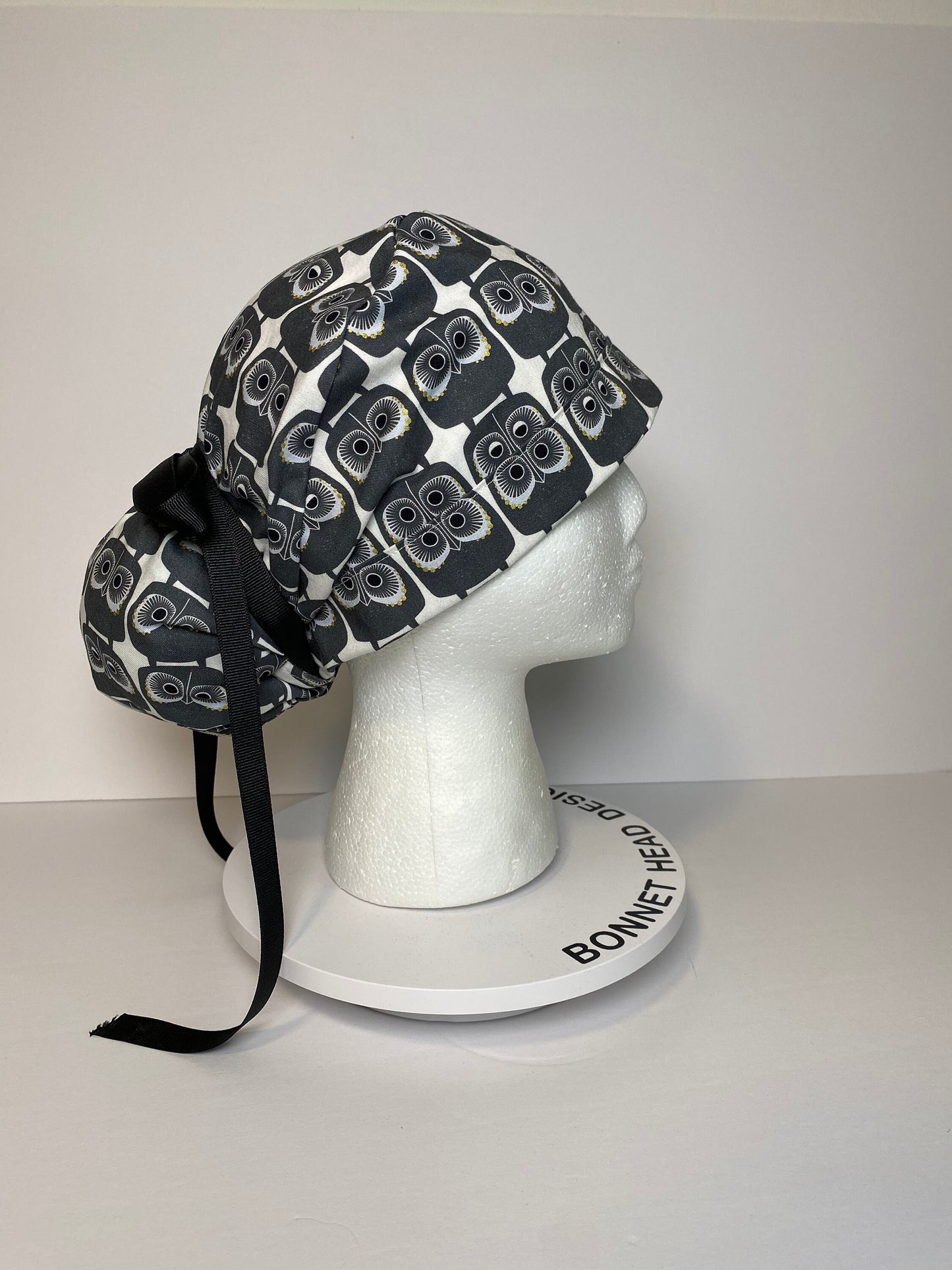 Curious Gray Owl women’s ponytail scrub cap, women’s owl scrub hat, Bonnet Head Designs