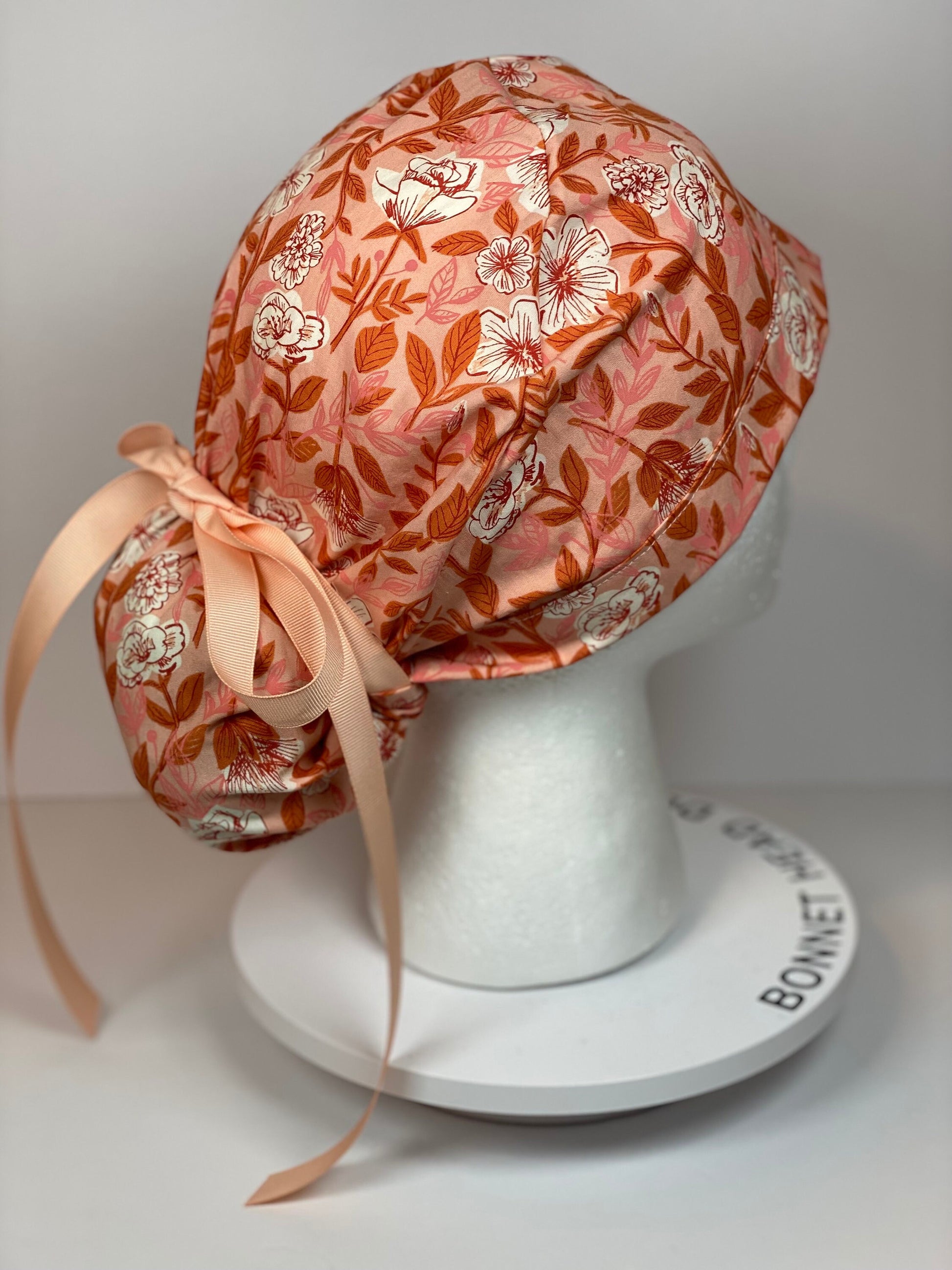 Peach floral ponytail scrub cap, womens peach scrub hat, Bonnet Head Designs