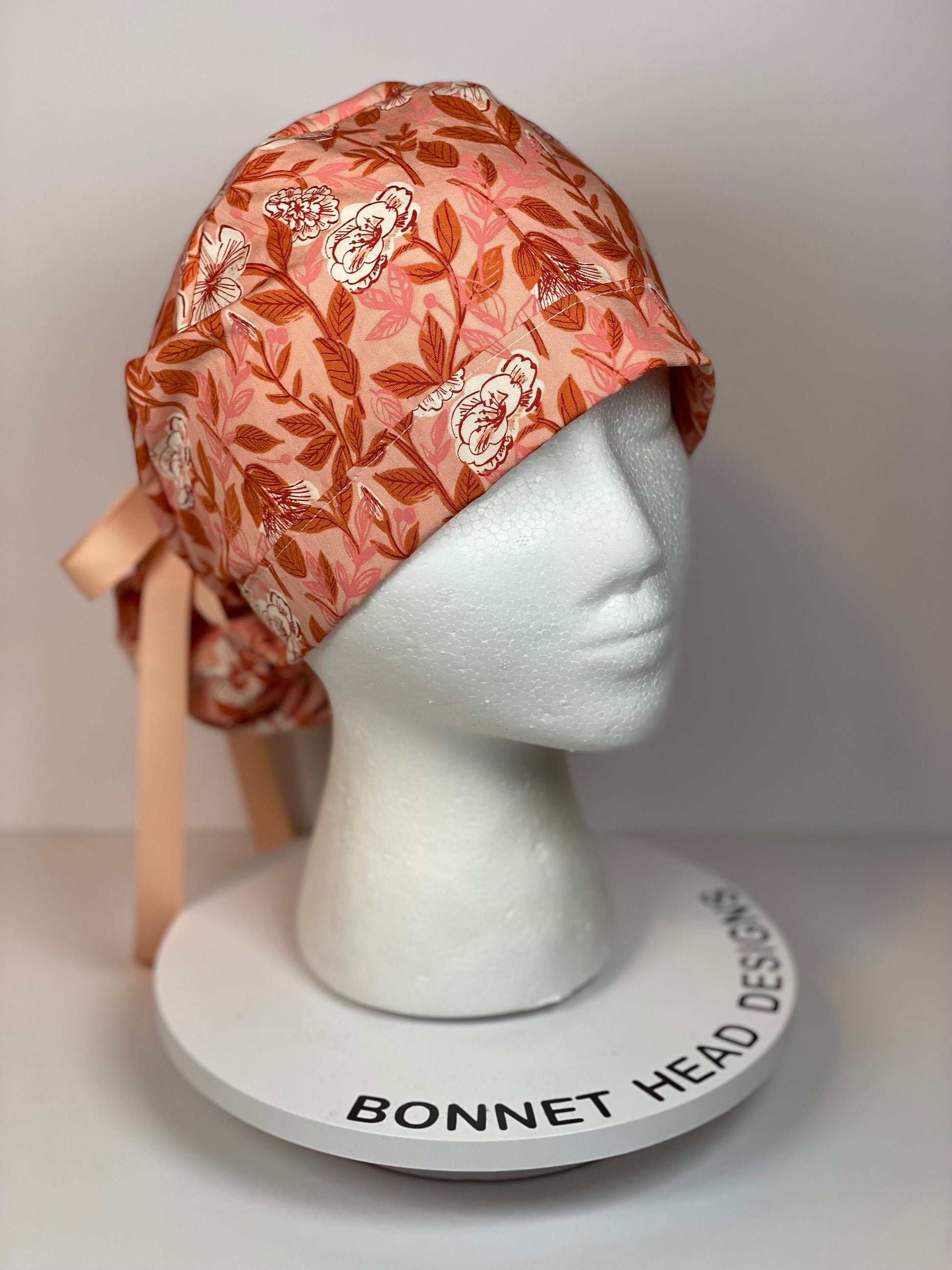 Peach floral ponytail scrub cap, womens peach scrub hat, Bonnet Head Designs