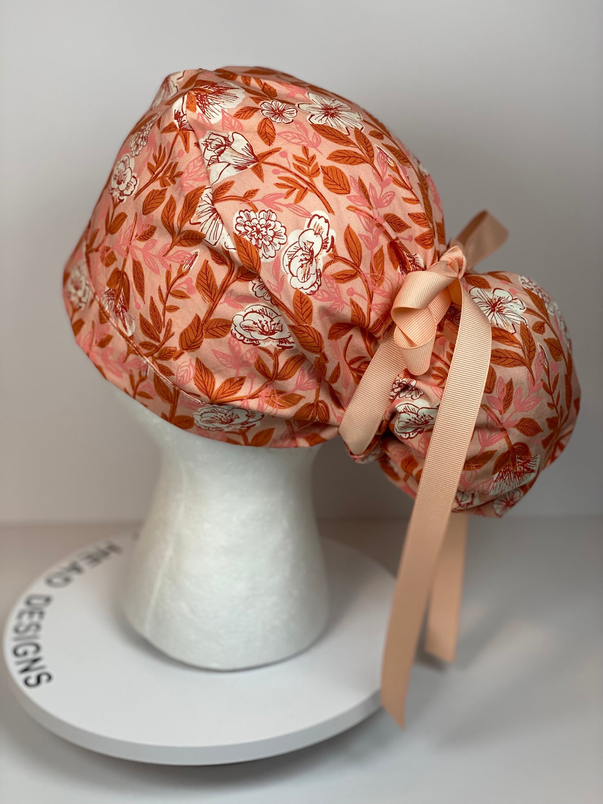 Peach floral ponytail scrub cap, womens peach scrub hat, Bonnet Head Designs