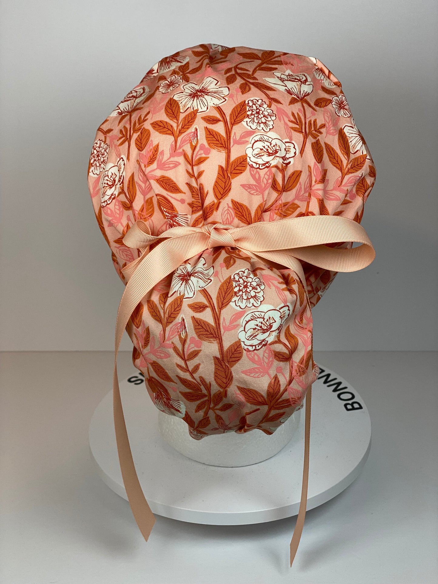 Peach floral ponytail scrub cap, womens peach scrub hat, Bonnet Head Designs