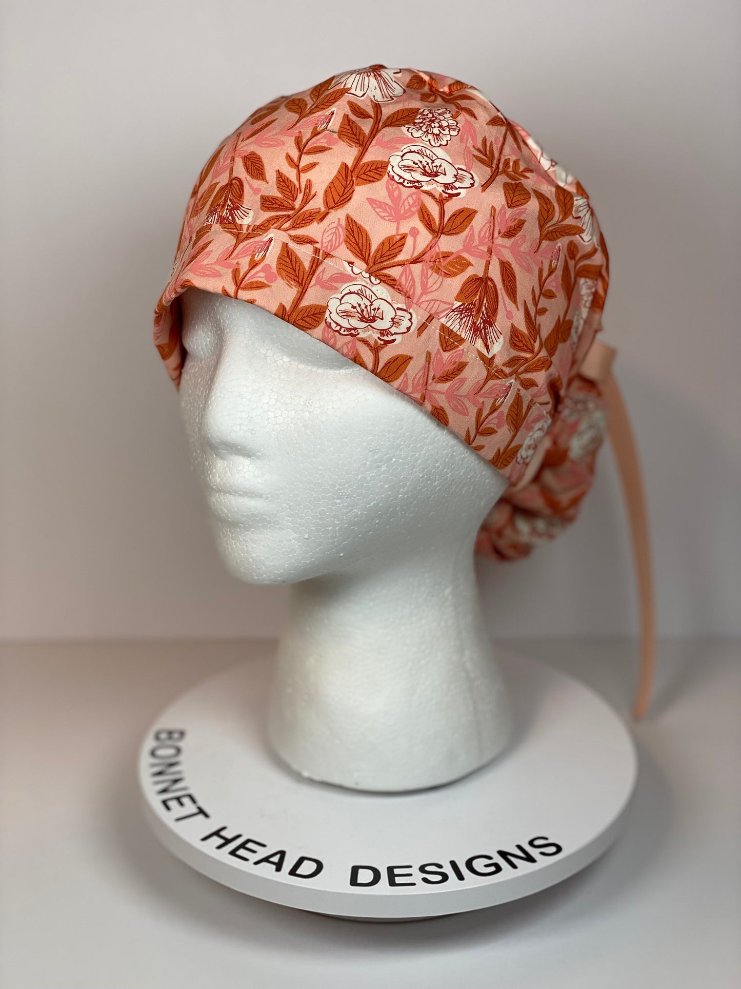 Peach floral ponytail scrub cap, womens peach scrub hat, Bonnet Head Designs