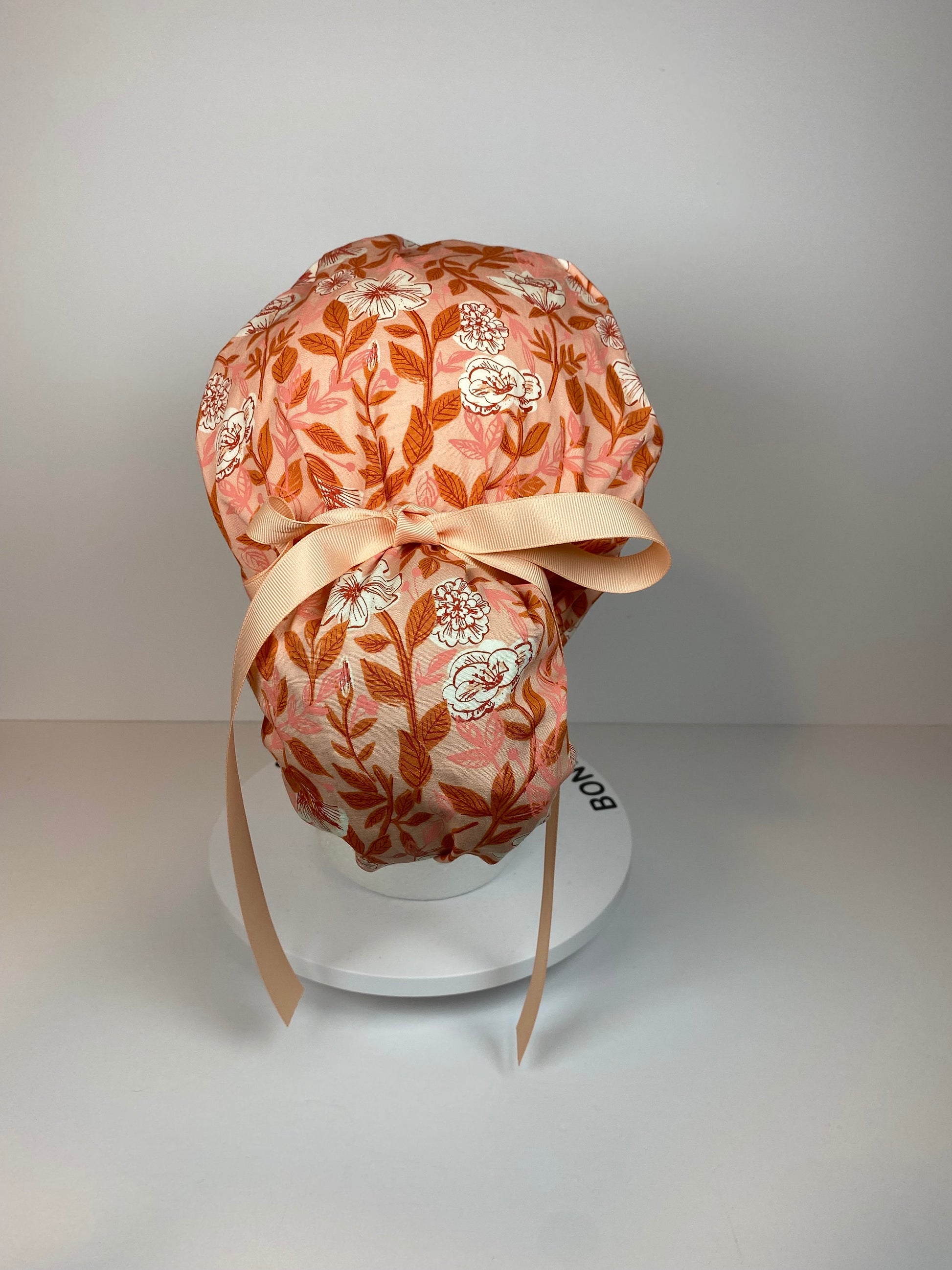 Peach floral ponytail scrub cap, womens peach scrub hat, Bonnet Head Designs