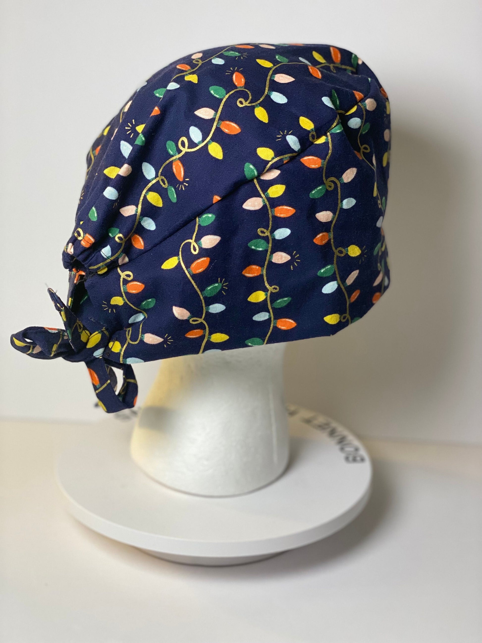 Men’s Navy Christmas lights scrub cap, Rifle Paper Co holiday fabric scrub hat