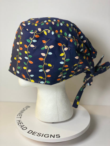 Men’s Navy Christmas lights scrub cap, Rifle Paper Co holiday fabric scrub hat