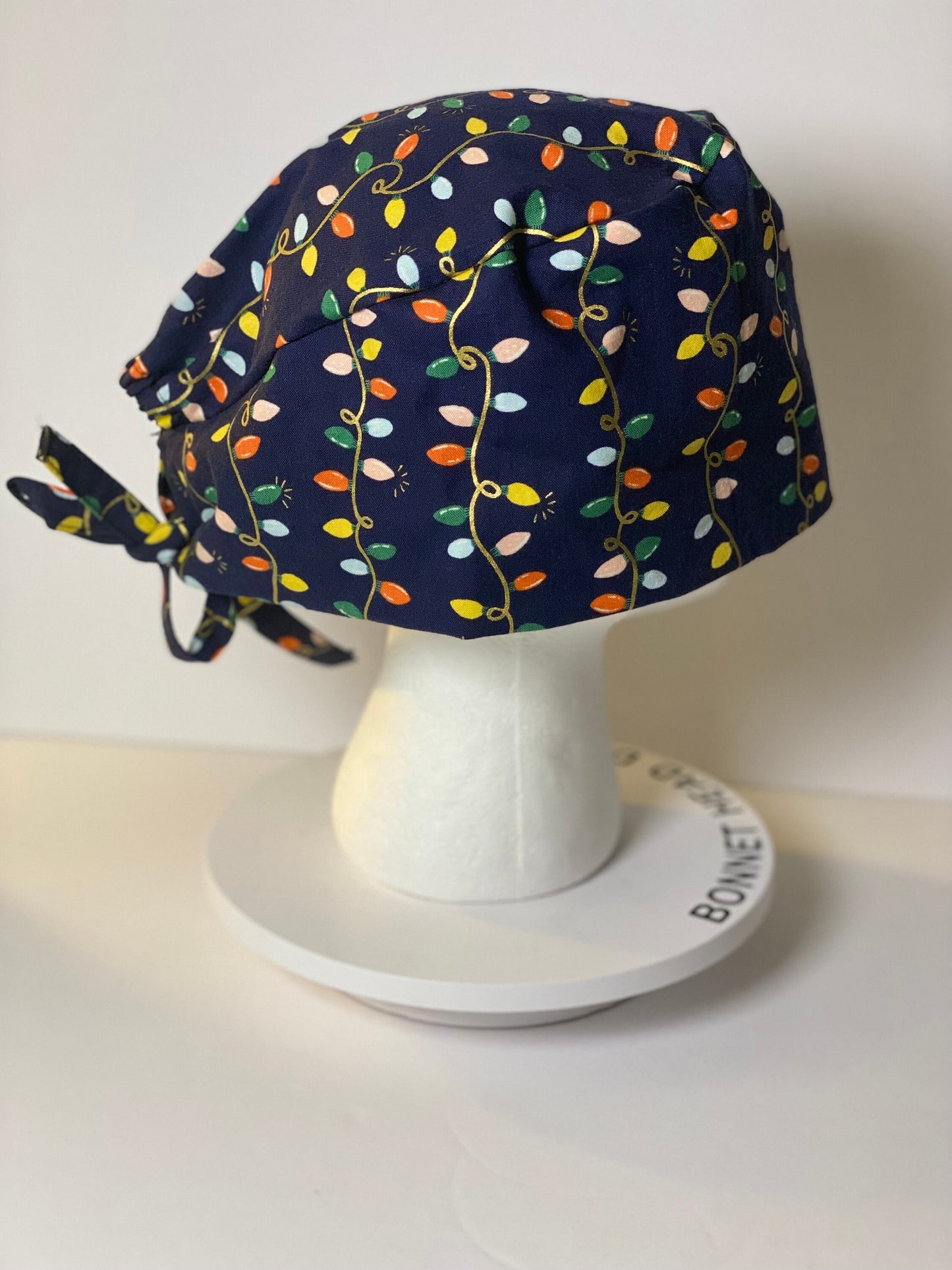 Men’s Navy Christmas lights scrub cap, Rifle Paper Co holiday fabric scrub hat