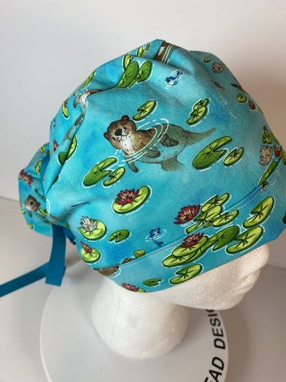 Sea Otter women’s scrub cap, otters scrub hat, otter ponytail scrub hat, Bonnet Head Designs