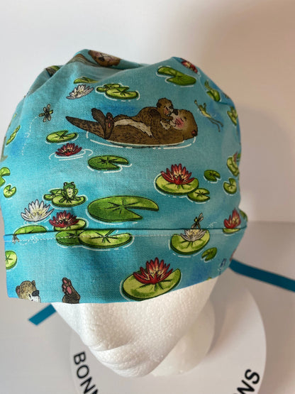 Sea Otter women’s scrub cap, otters scrub hat, otter ponytail scrub hat, Bonnet Head Designs