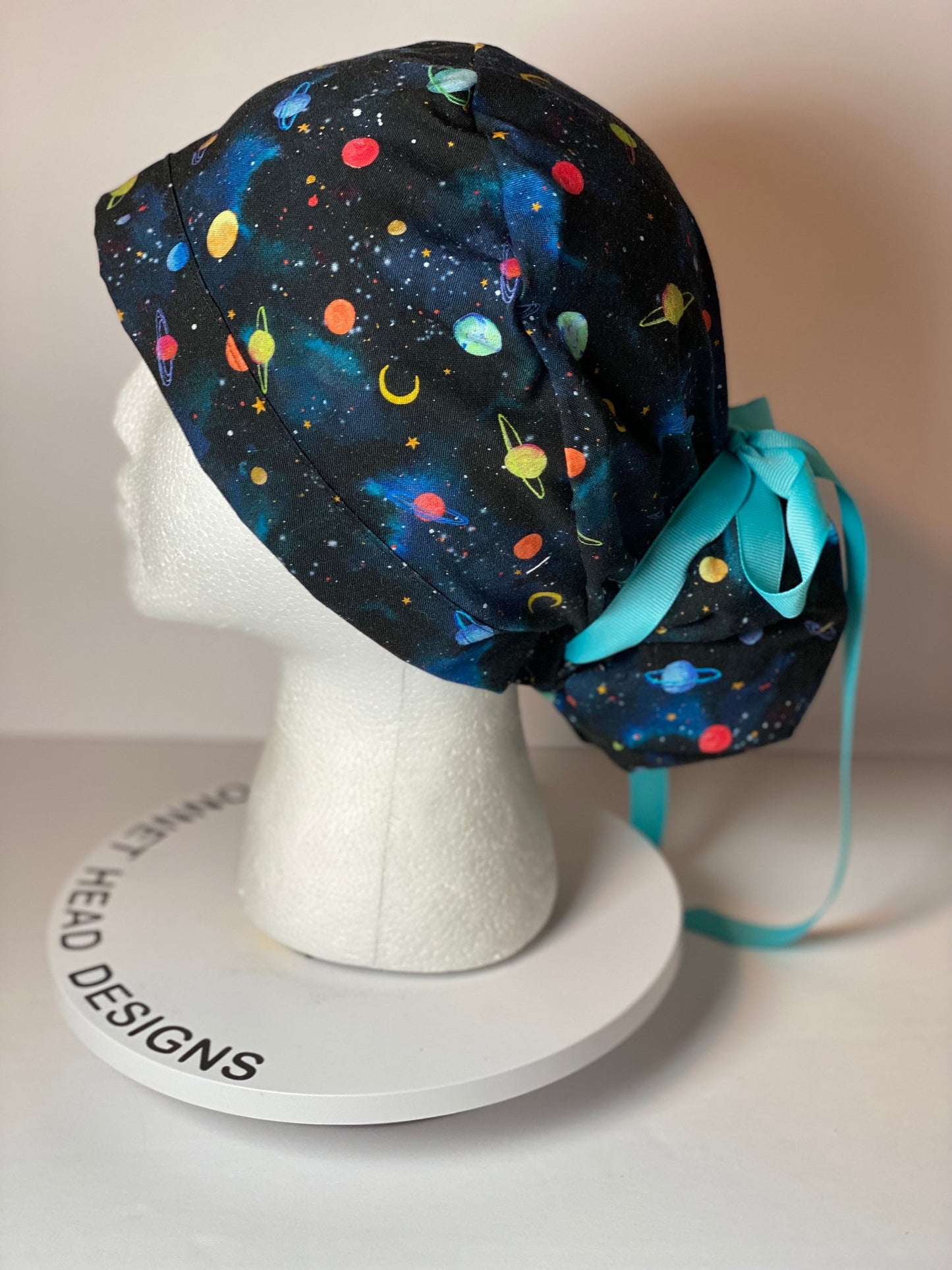 solar system scrub hat, planets scrub cap, outer space print ponytail scrub hat, space scrub cap, Bonnet Head Designs