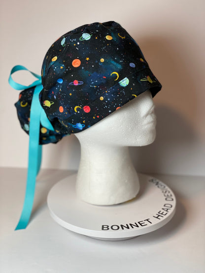 solar system scrub hat, planets scrub cap, outer space print ponytail scrub hat, space scrub cap, Bonnet Head Designs