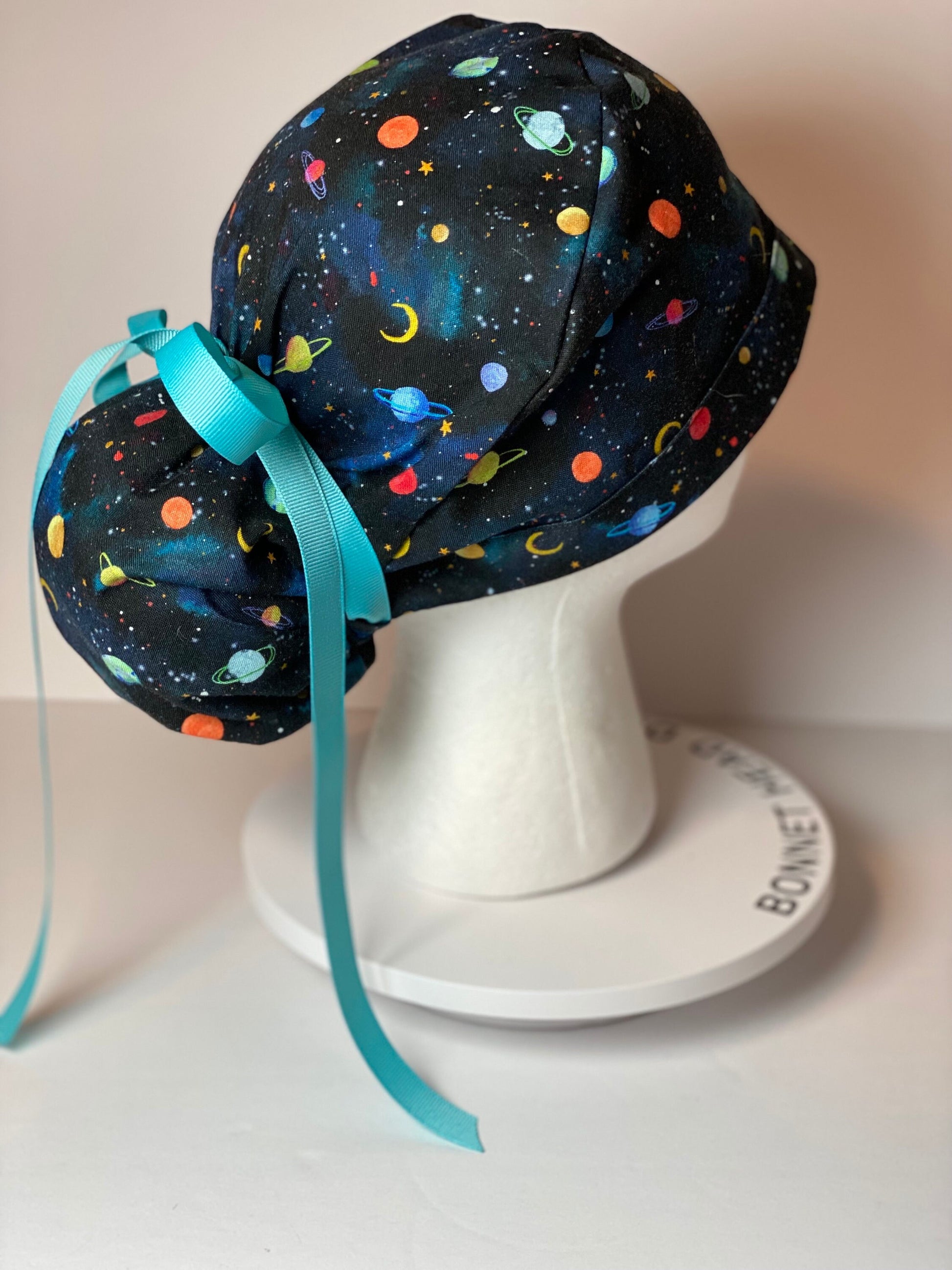 solar system scrub hat, planets scrub cap, outer space print ponytail scrub hat, space scrub cap, Bonnet Head Designs