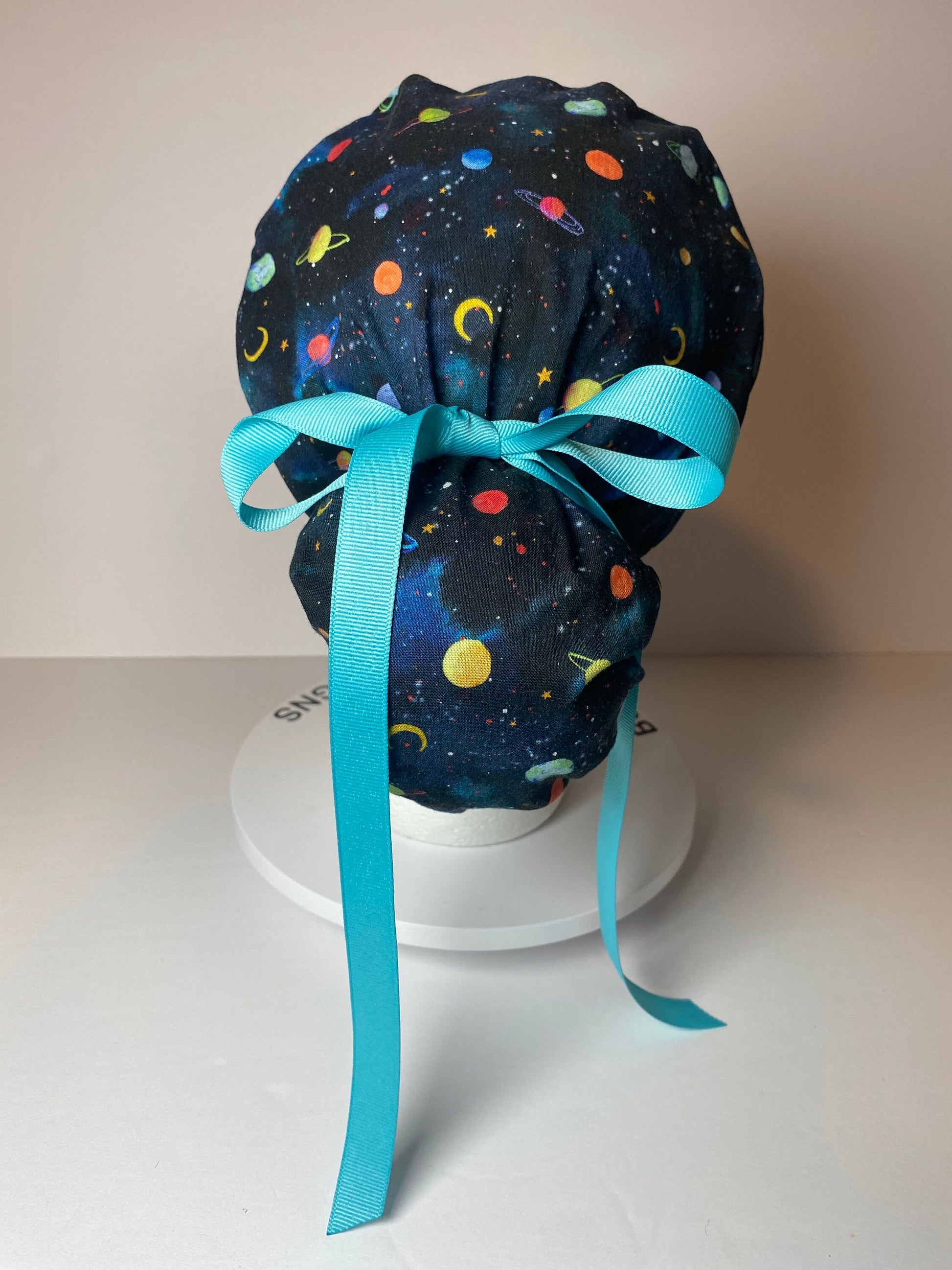 solar system scrub hat, planets scrub cap, outer space print ponytail scrub hat, space scrub cap, Bonnet Head Designs