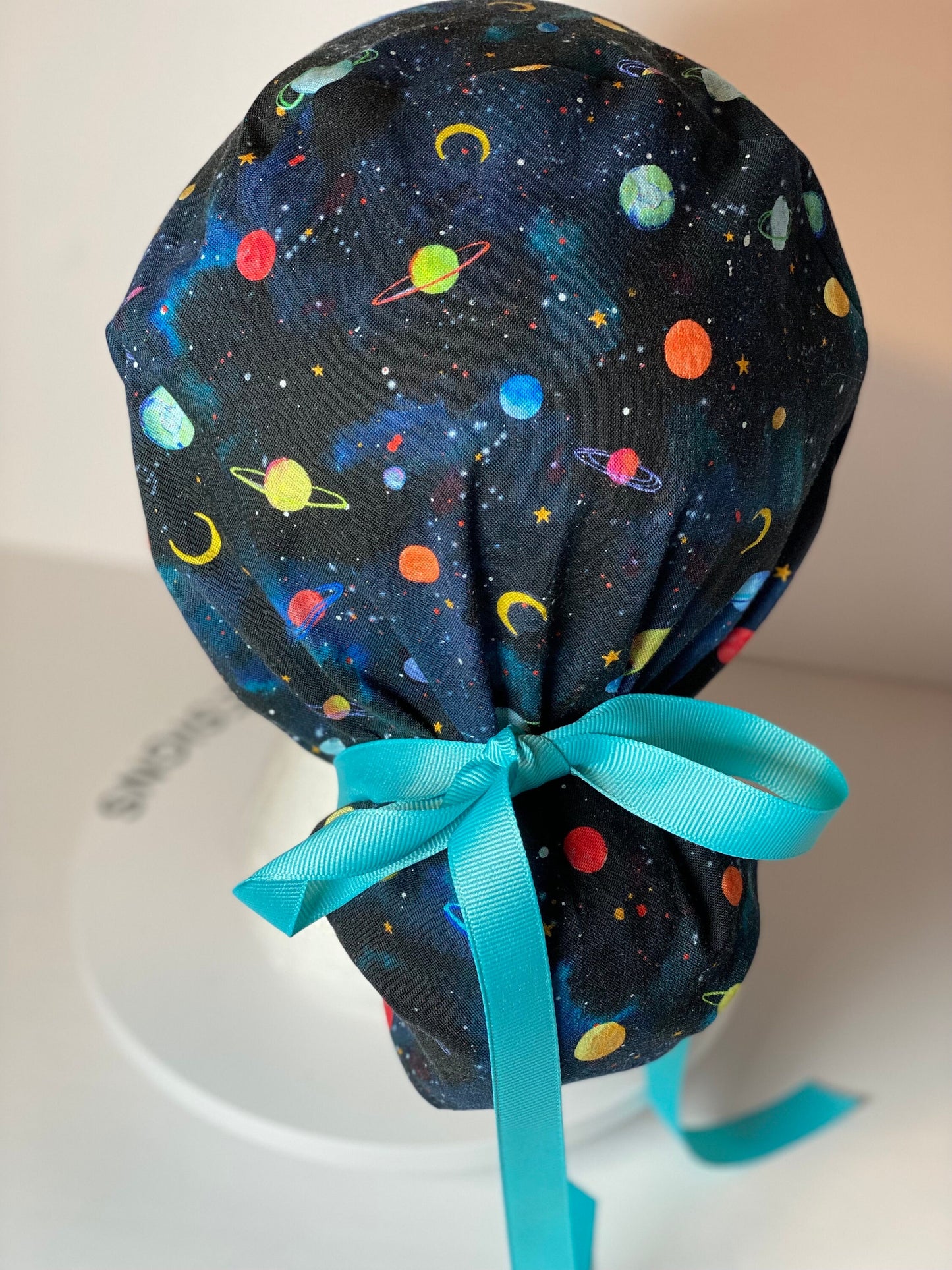 solar system scrub hat, planets scrub cap, outer space print ponytail scrub hat, space scrub cap, Bonnet Head Designs