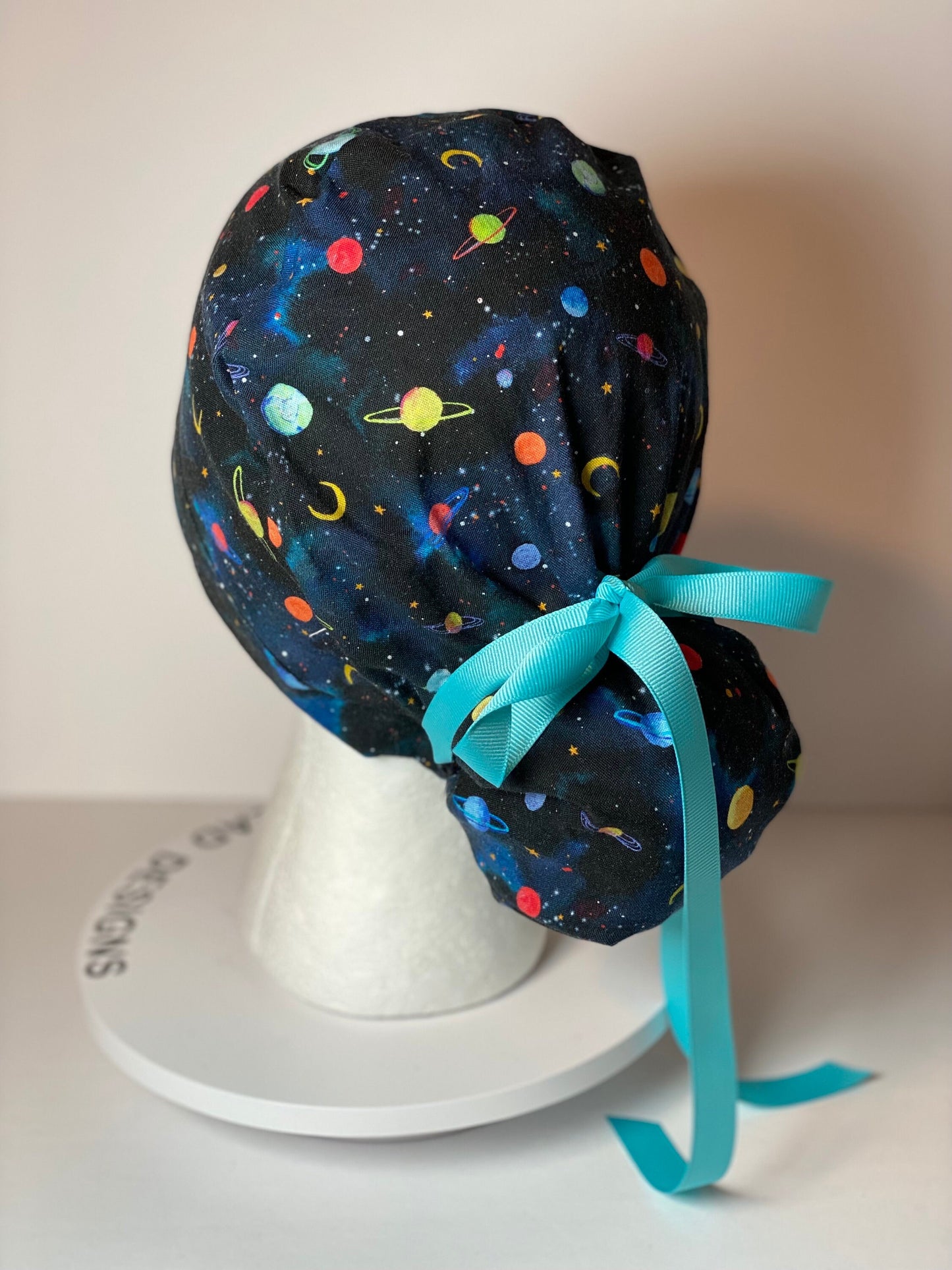 solar system scrub hat, planets scrub cap, outer space print ponytail scrub hat, space scrub cap, Bonnet Head Designs