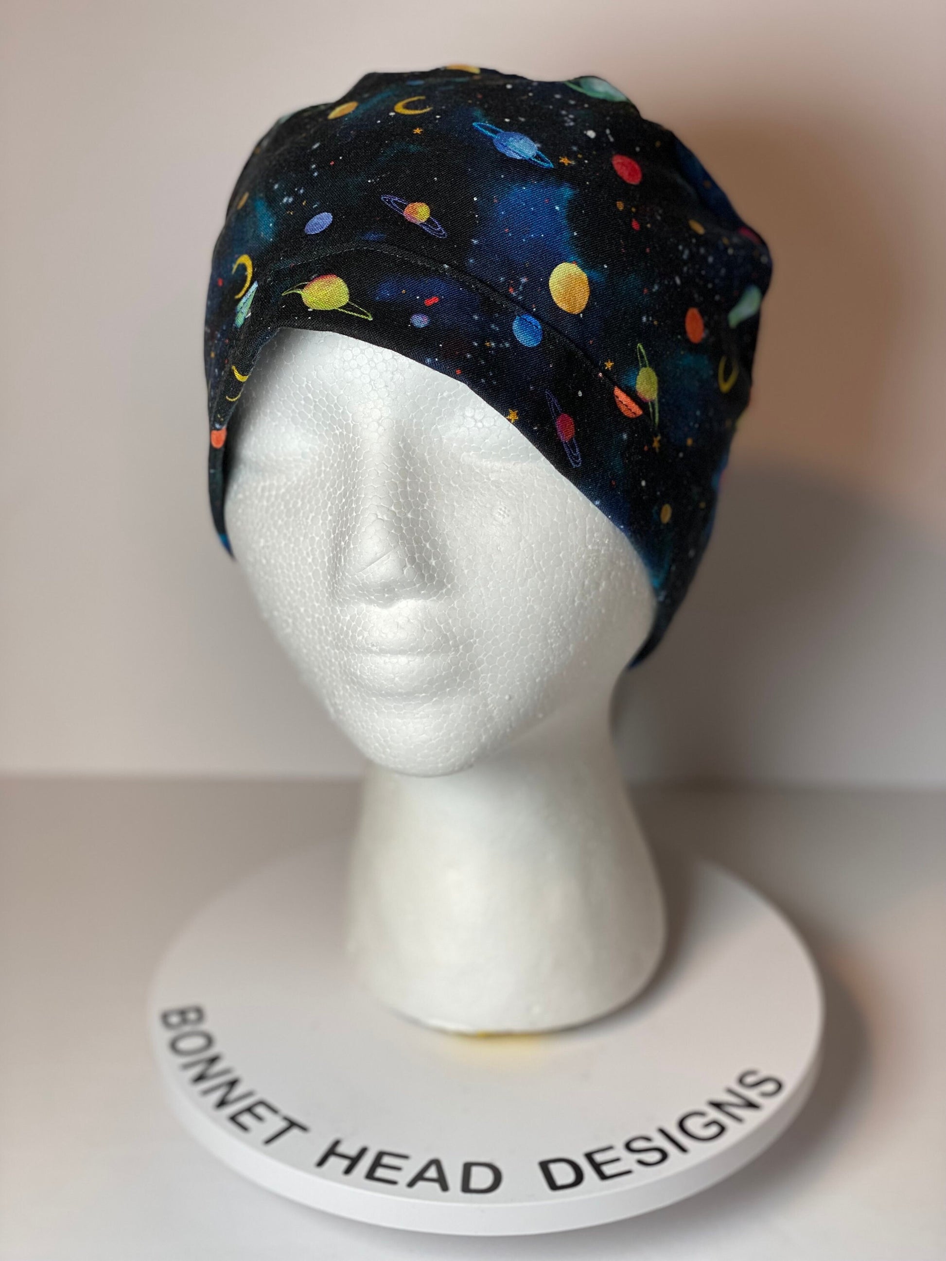 solar system scrub hat, planets scrub cap, outer space print ponytail scrub hat, space scrub cap, Bonnet Head Designs