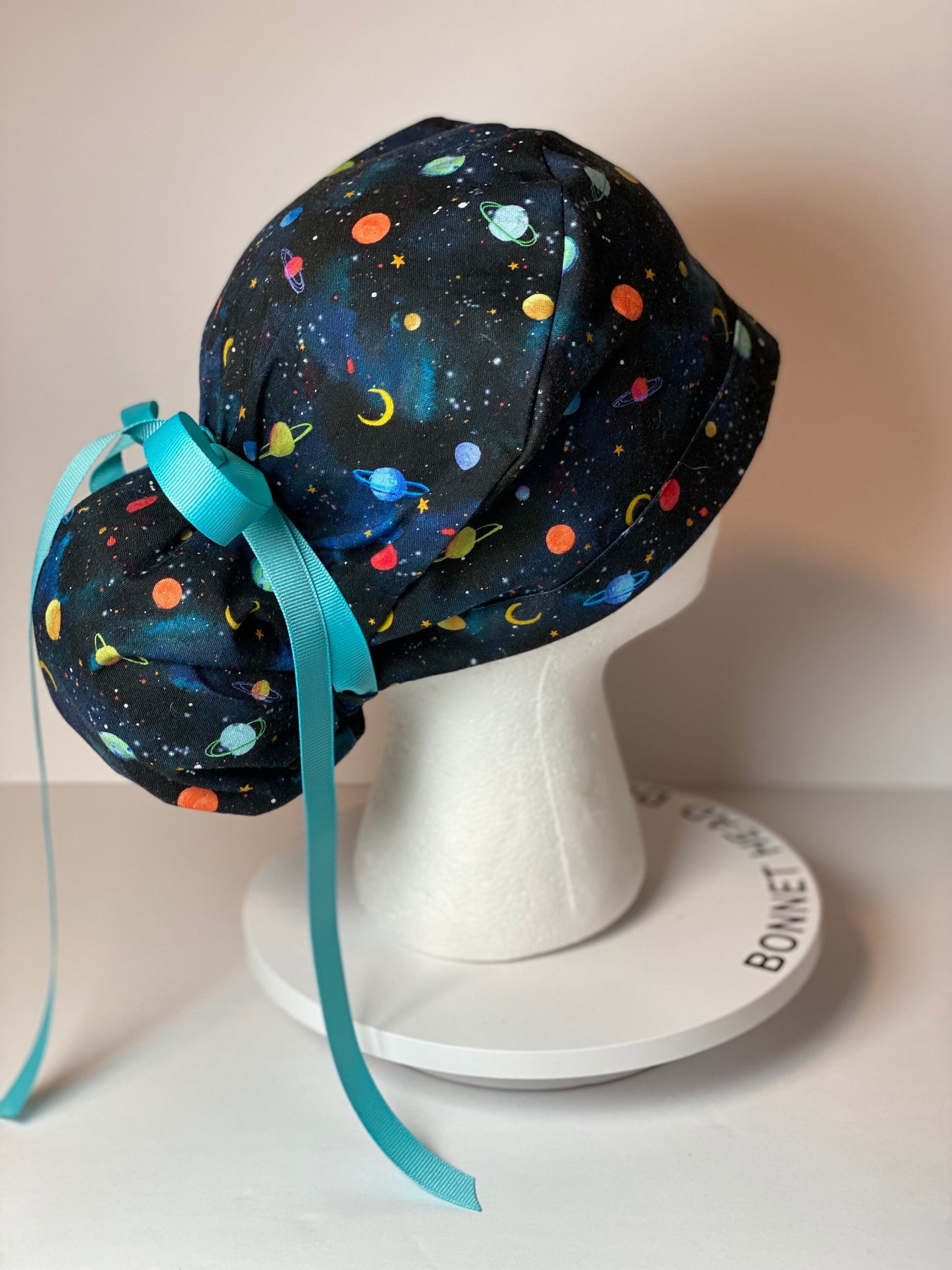 solar system scrub hat, planets scrub cap, outer space print ponytail scrub hat, space scrub cap, Bonnet Head Designs