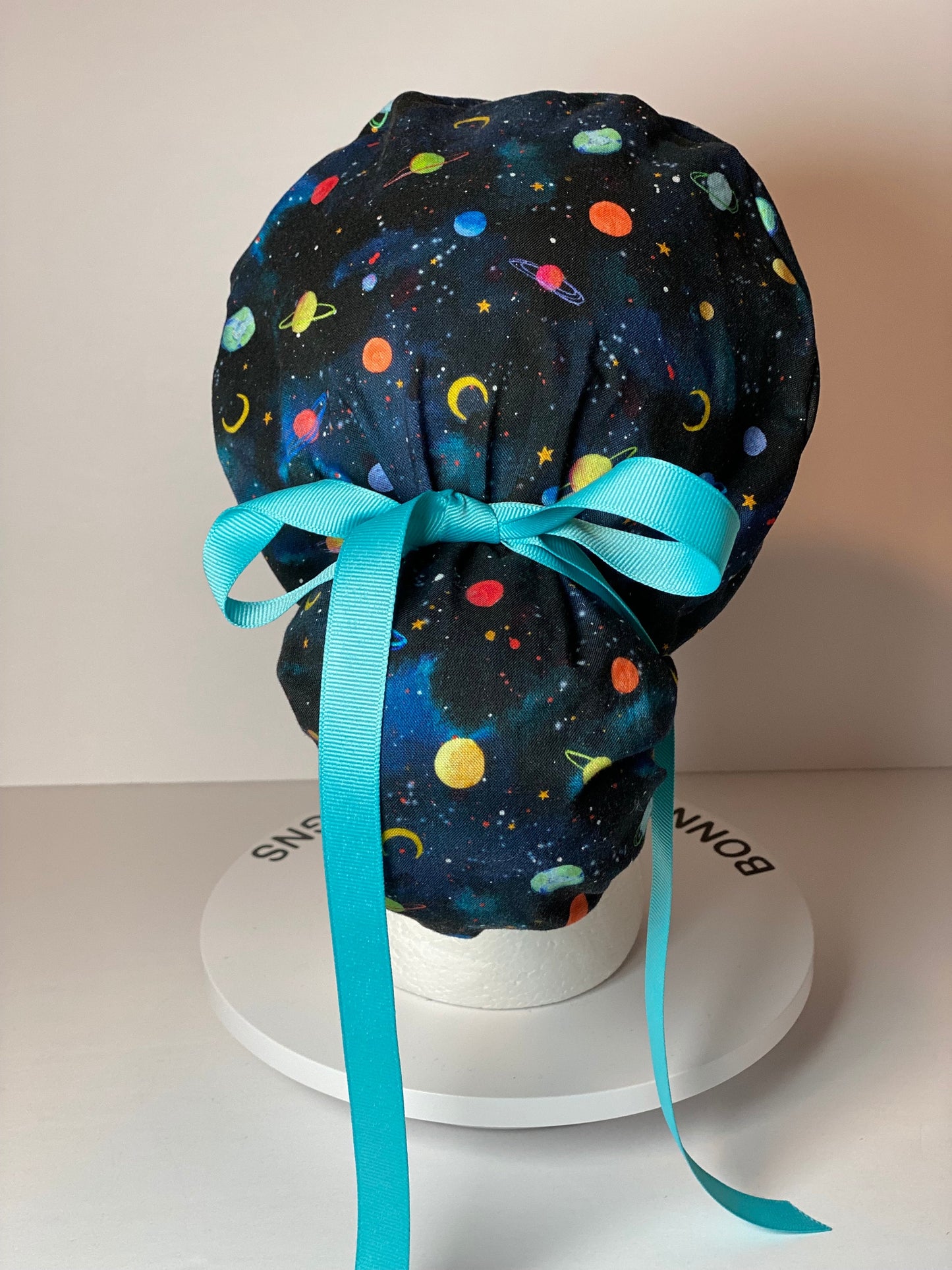 solar system scrub hat, planets scrub cap, outer space print ponytail scrub hat, space scrub cap, Bonnet Head Designs