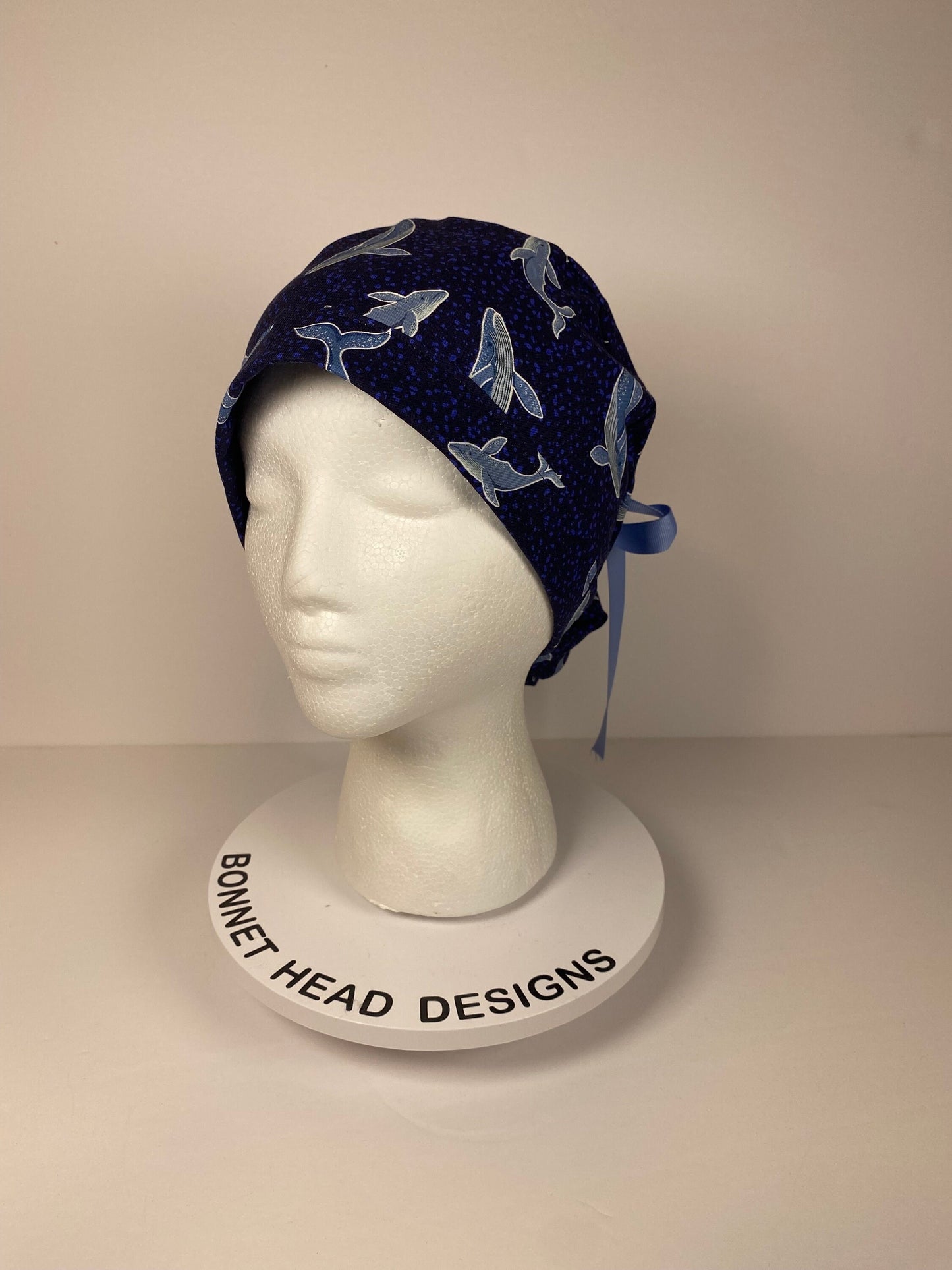 Navy blue whale scrub cap, women’s whale scrub cap, Bonnet Head Designs