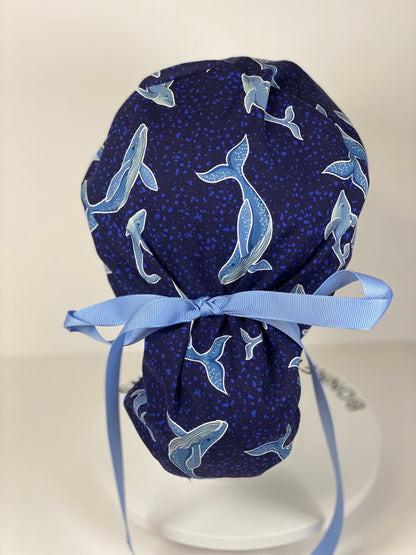 Navy blue whale scrub cap, women’s whale scrub cap, Bonnet Head Designs