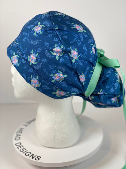 Sea turtle scrub hat, navy and green turtle scrub cap, women’s turtle scrub cap, Bonnet Head Designs