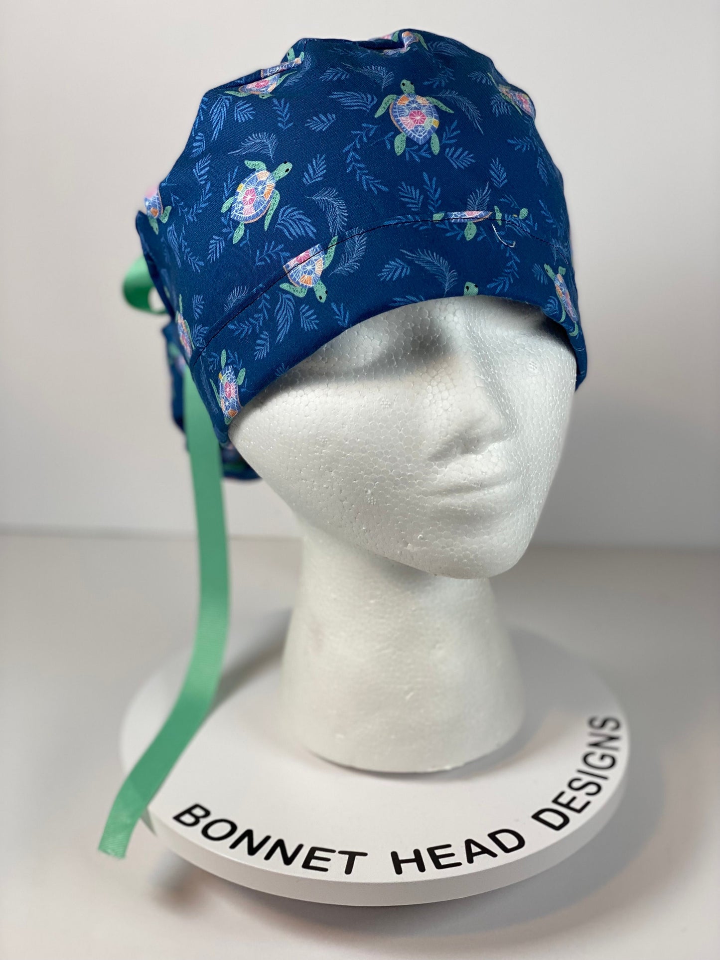 Sea turtle scrub hat, navy and green turtle scrub cap, women’s turtle scrub cap, Bonnet Head Designs