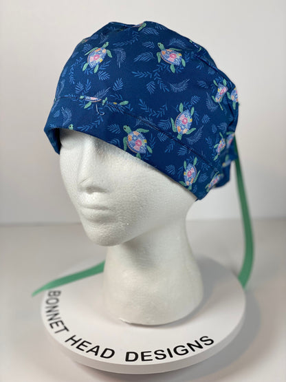 Sea turtle scrub hat, navy and green turtle scrub cap, women’s turtle scrub cap, Bonnet Head Designs