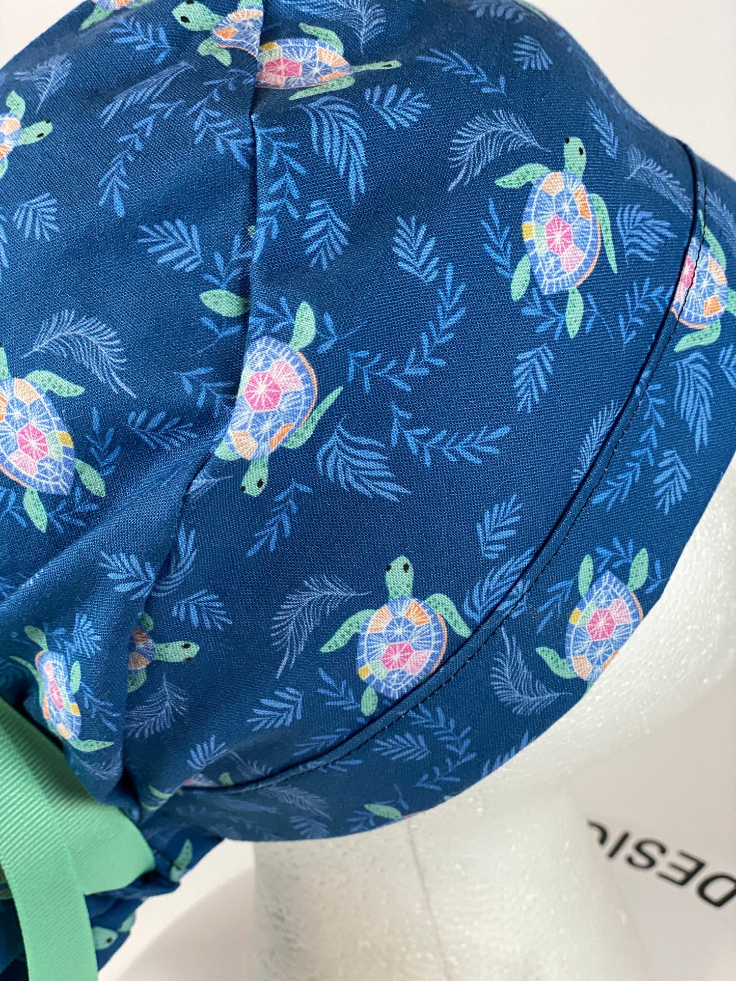 Sea turtle scrub hat, navy and green turtle scrub cap, women’s turtle scrub cap, Bonnet Head Designs