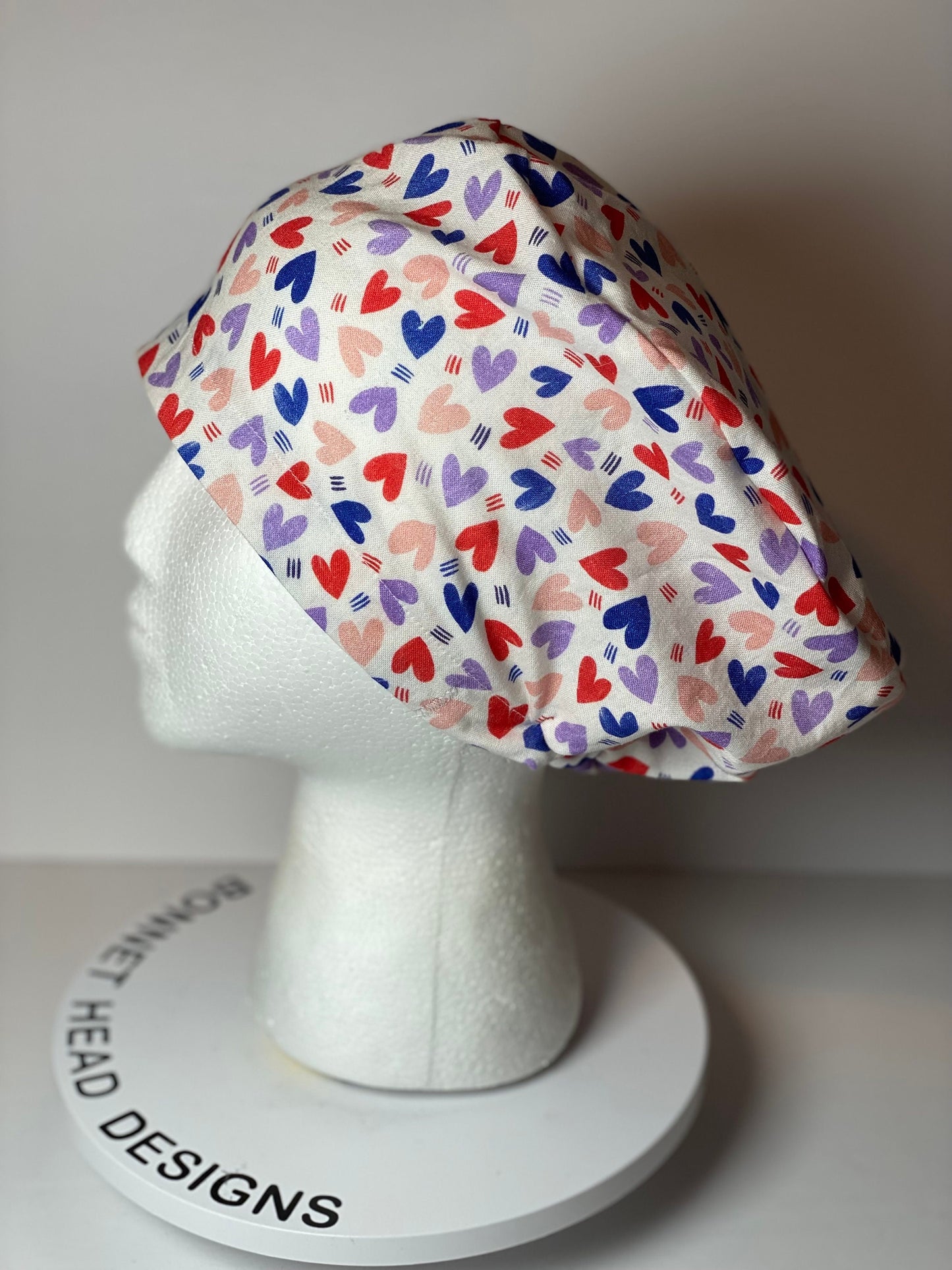 Valentine’s Day euro style scrub cap, heart print women’s scrub cap, Bonnet Head Designs