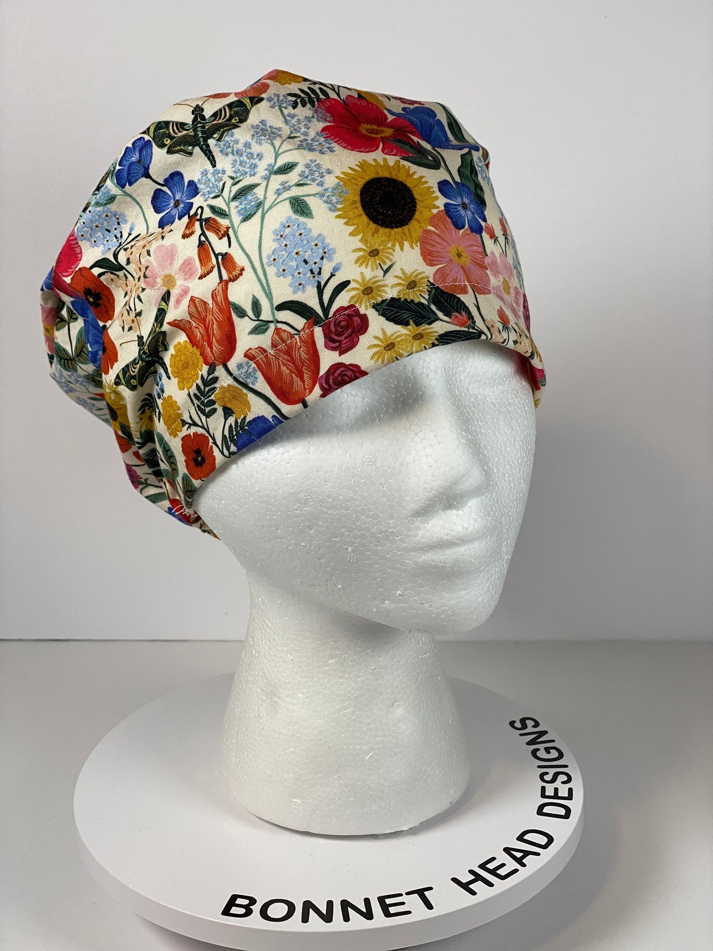 Rifle Paper Co Curio cream floral euro style scrub cap, women’s sunflower euro scrub hat floral, Bonnet Head Designs