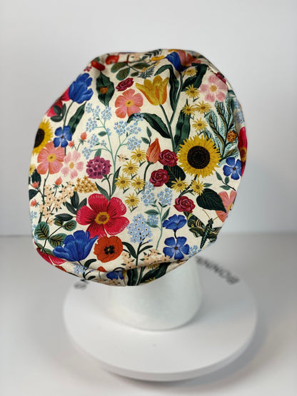 Rifle Paper Co Curio cream floral euro style scrub cap, women’s sunflower euro scrub hat floral, Bonnet Head Designs