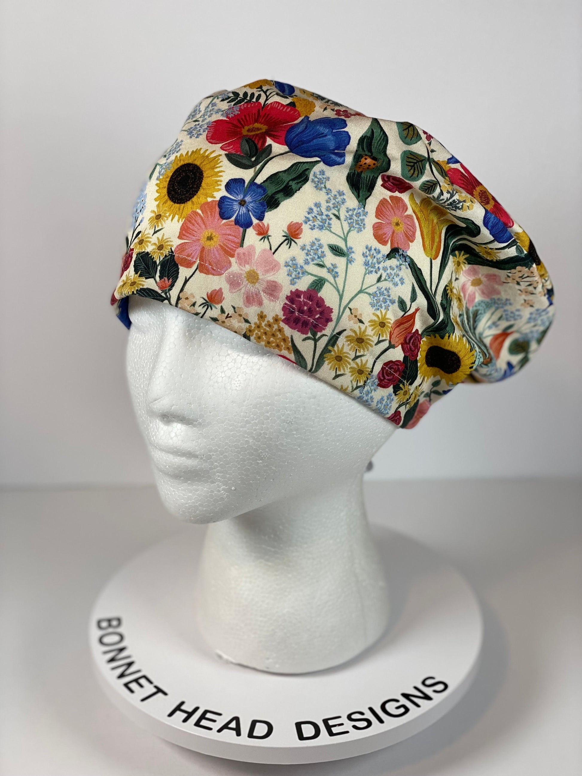 Rifle Paper Co Curio cream floral euro style scrub cap, women’s sunflower euro scrub hat floral, Bonnet Head Designs