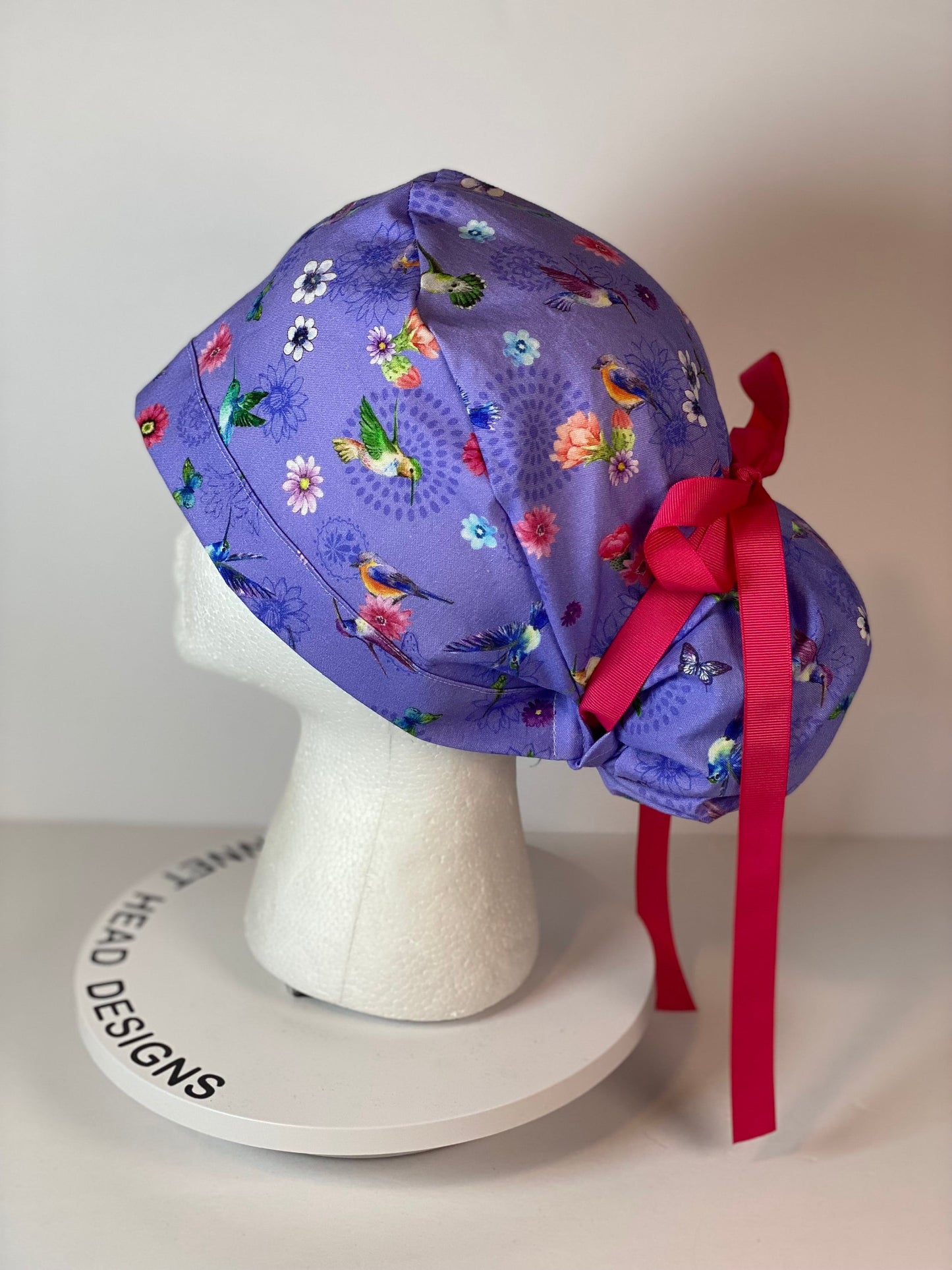 Hummingbird scrub cap, womens scrub hat hummingbirds, womens ponytail scrub cap, Bonnet Head Designs